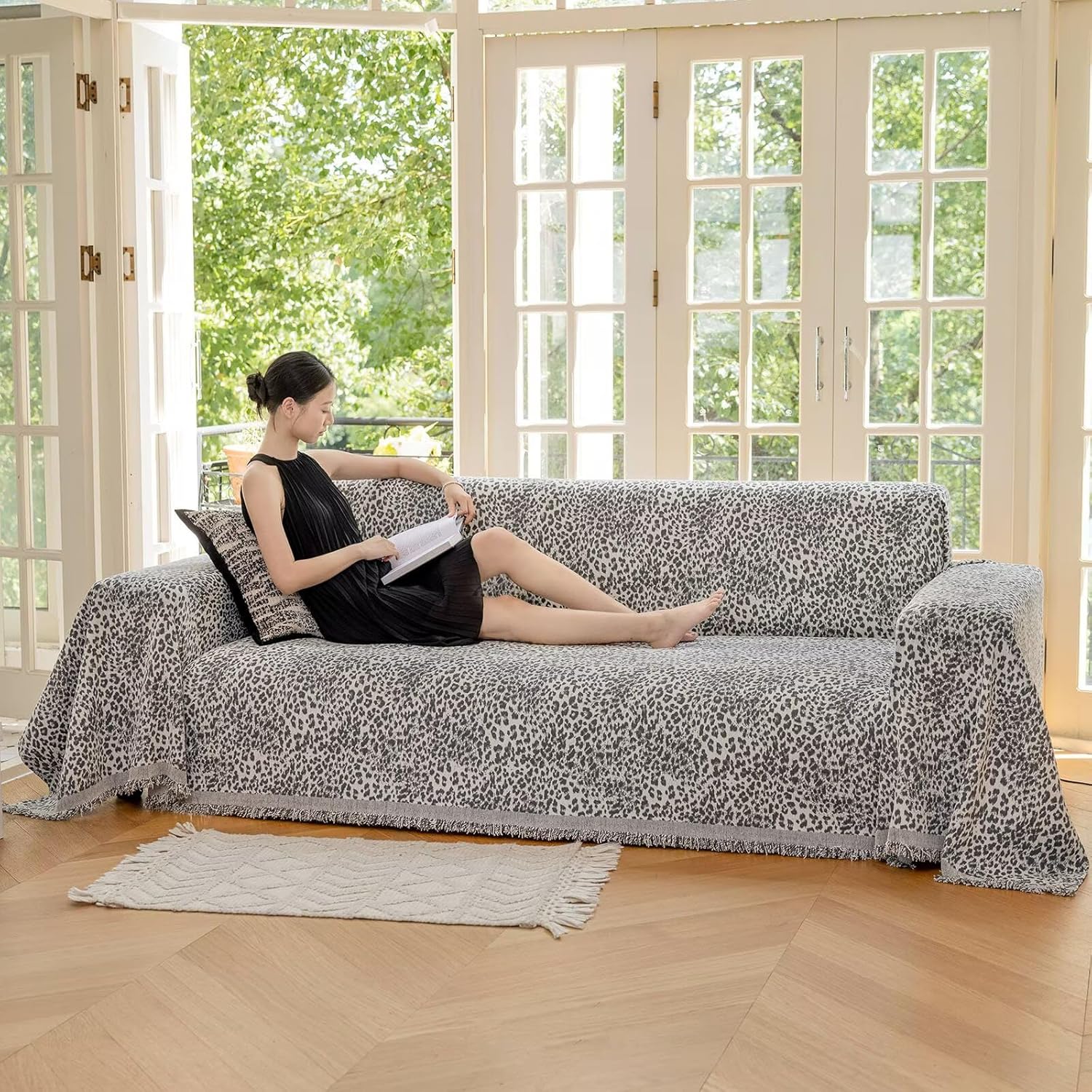 Grey Chenille Couch Cover for Sofa Protector Washable,Leopard Print Jacquard Soft Sofa Slipcover for 2 Cushion Sectional Couch,Luxury Style Cover Blanket for Living Room Pet Friendly 71"×118"