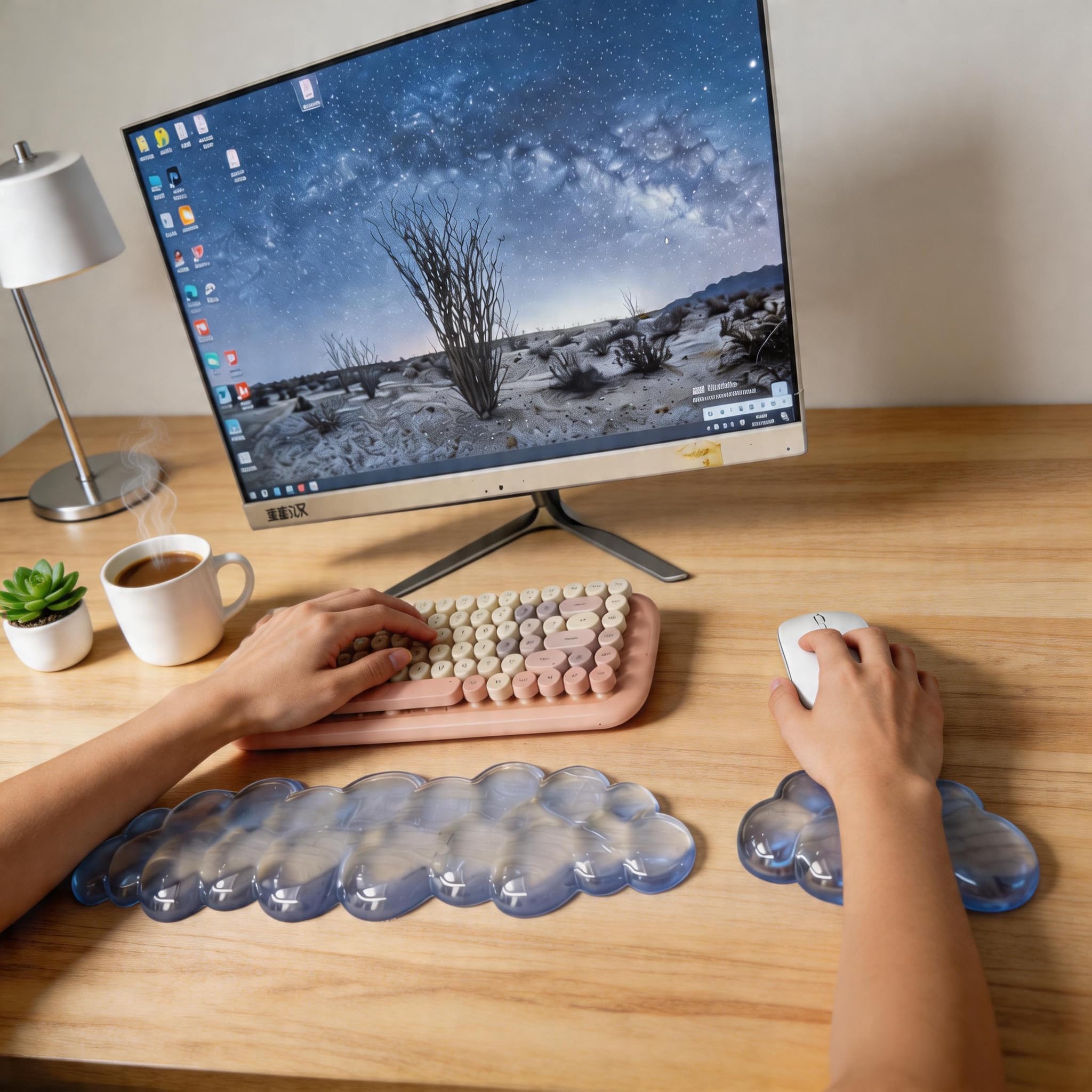 Juego de reposamuñecas de gel en forma de nube, silicona transparente con base de poliuretano, soporte para teclado y alfombrilla de mouse (azul claro)