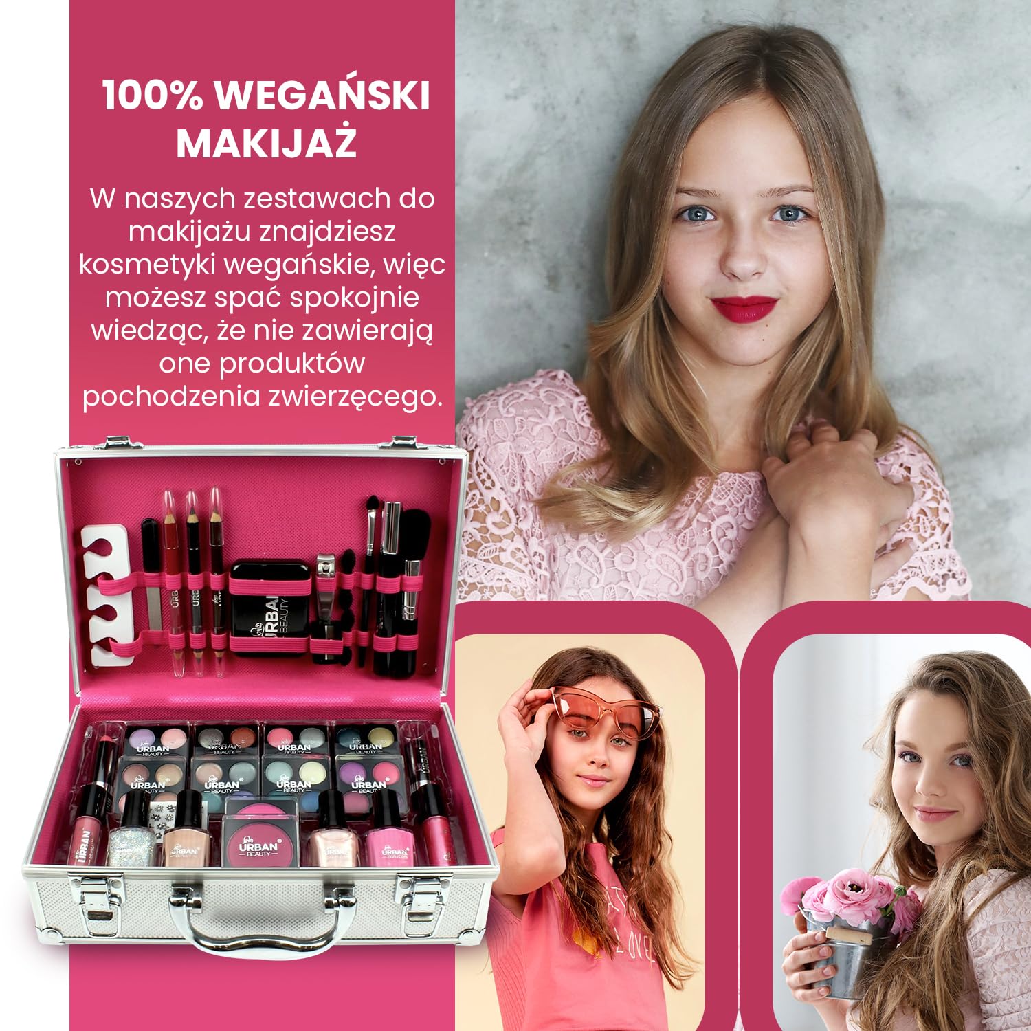 LOVE URBAN BEAUTY Wegańskie Olśniewające etui do makijażu – 60-częściowy zestaw do makijażu i paznokci dla nastolatków – Eleganckie srebrne pudełko – Kompaktowy i lekki design