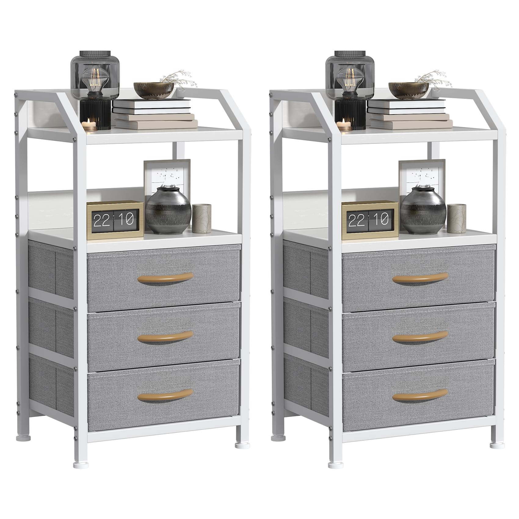 GoaHi Bedside Table Set of 2, Nightstands with 3 Fabric Drawers and Open Shelf, Modern Sofa End Tables with Wood Top and Metal Frame for Bedroom, Living Room, Small Spaces,Light Grey