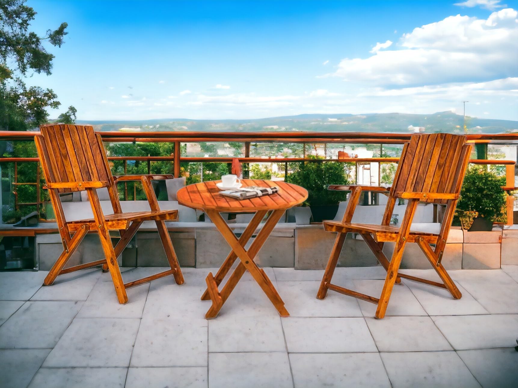 Home furniture Wooden Patio Dining Set Foldable 2 Chair and Round Table for Balcony Garden Indoor Outdoor Terrace Furniture