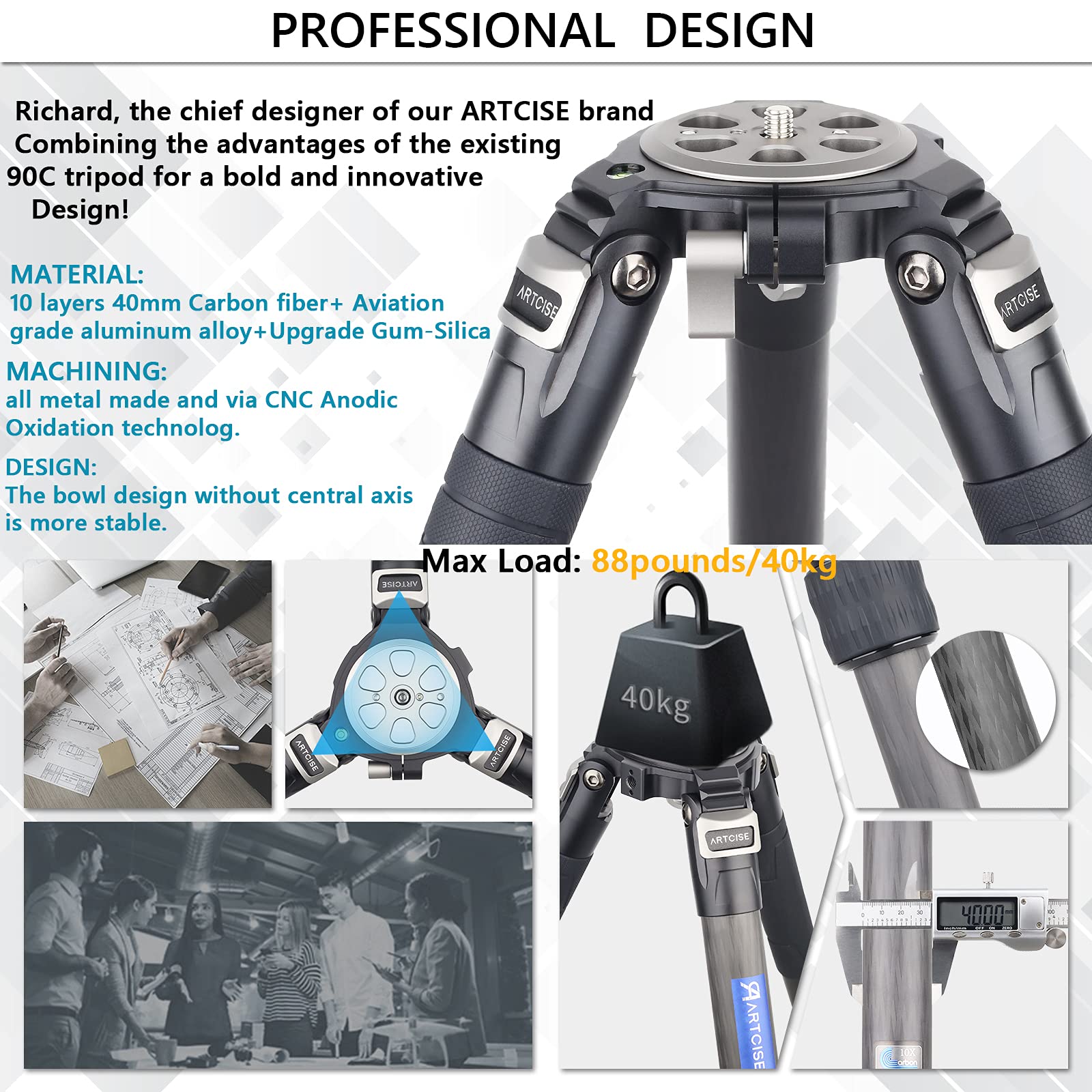 ARTCISE AS95C Kohlefaser-Stativ – 10 Schichten, 40 Mm Beine, 40 Kg Tragkraft, Mit Externer Mittelsäule & Magicarm-Set Für DSLR-Kameras