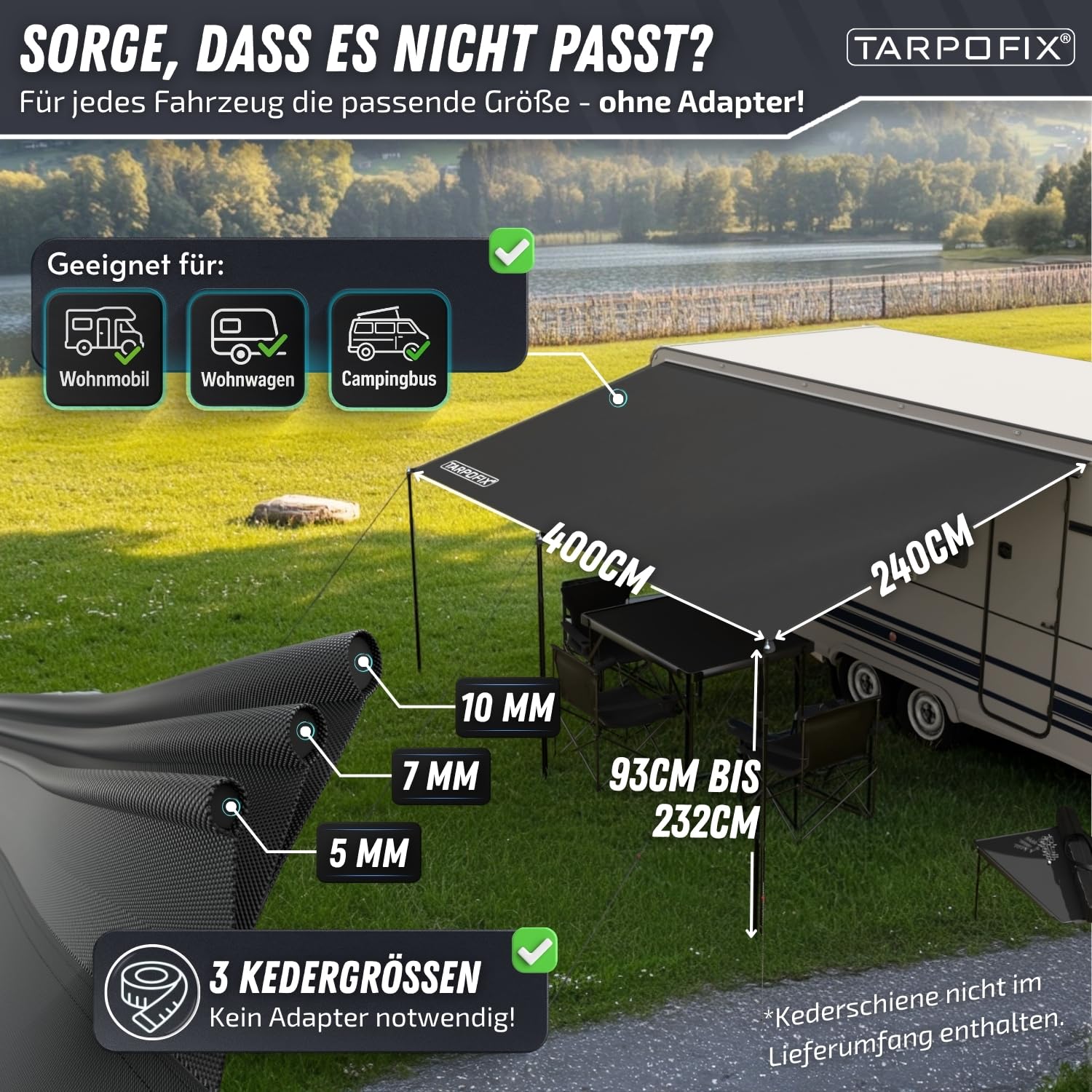 Tarpofix® Sonnensegel Wohnwagen 4x2,4 m mit Keder - UV 60+ Sonnenschutz | Sonnendach für Kederleiste, 100% wasserabweisend | UV-Schutz fürs Camping, Multi Keder