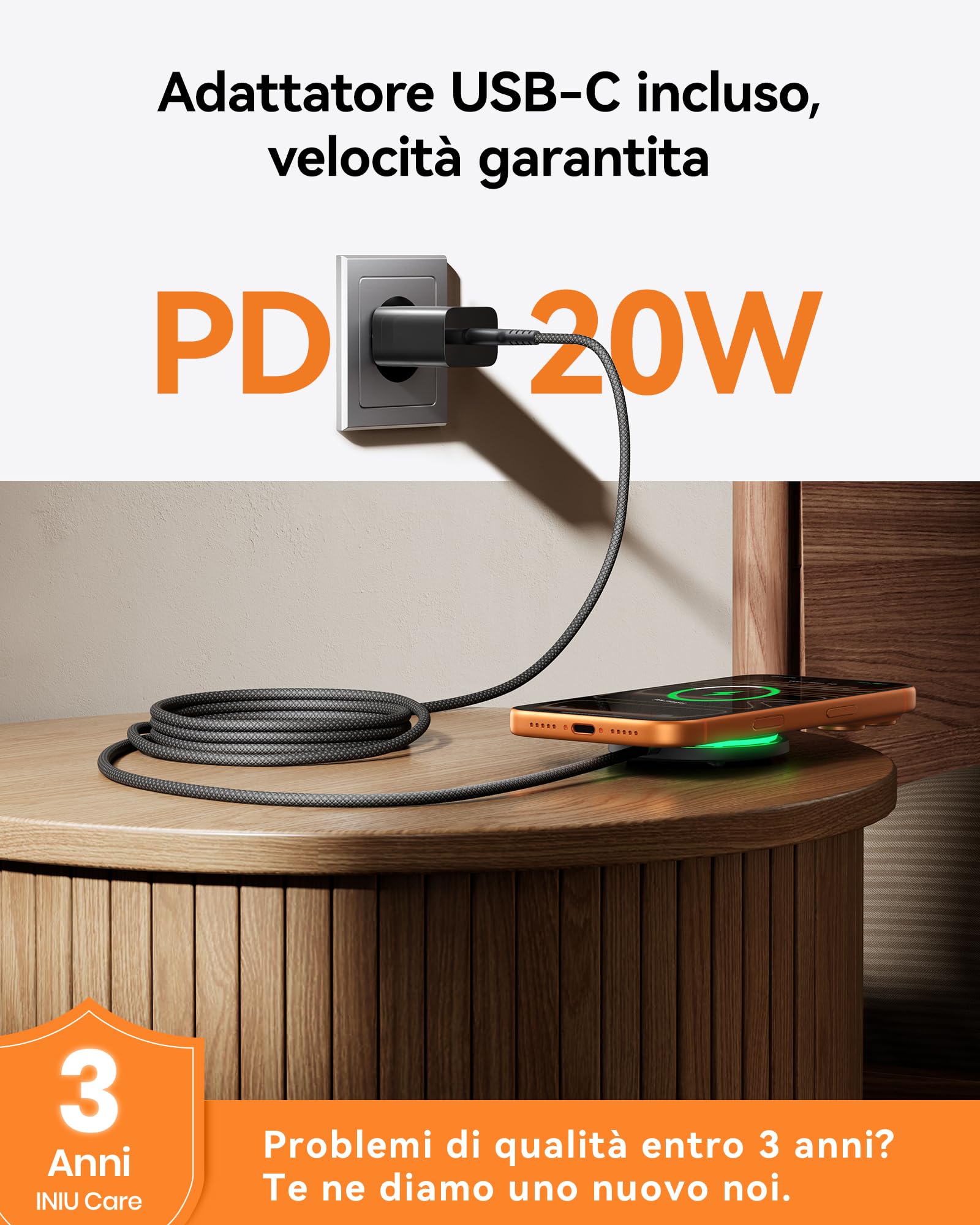 INIU Caricatore Wireless iPhone, Certificato Qi2 Caricabatterie Magnetico 15W Rapido con Raffreddamento, Ricarica Wireless Mag-Safe per iPhone 17 16 15 14 13 12 AirPods 4 3 (con Adattatore USB C 20W)