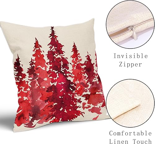 Miniatura 3 de Juego de 2 fundas de almohada de árbol rojo acuarela de 18 x 18 pulgadas, fundas de almohada decorativas de Navidad con temática de naturaleza,
