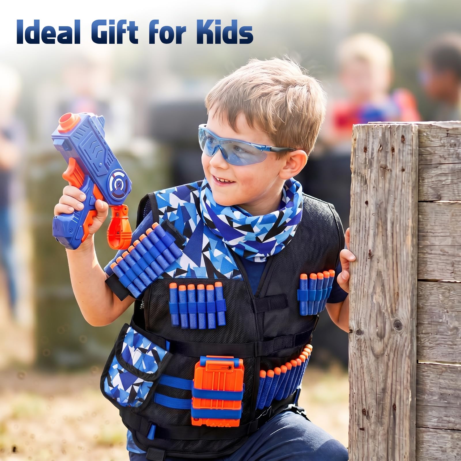 Lehoo Castle Kids Tactical Vest Kit per Nerf Guns N-Strike Elite Series, Nerf Vest per Ragazzi e Ragazze con 30 Freccette di Ricarica, Custodia per Freccette, Maschera Tattica, Ricarica (Blu)