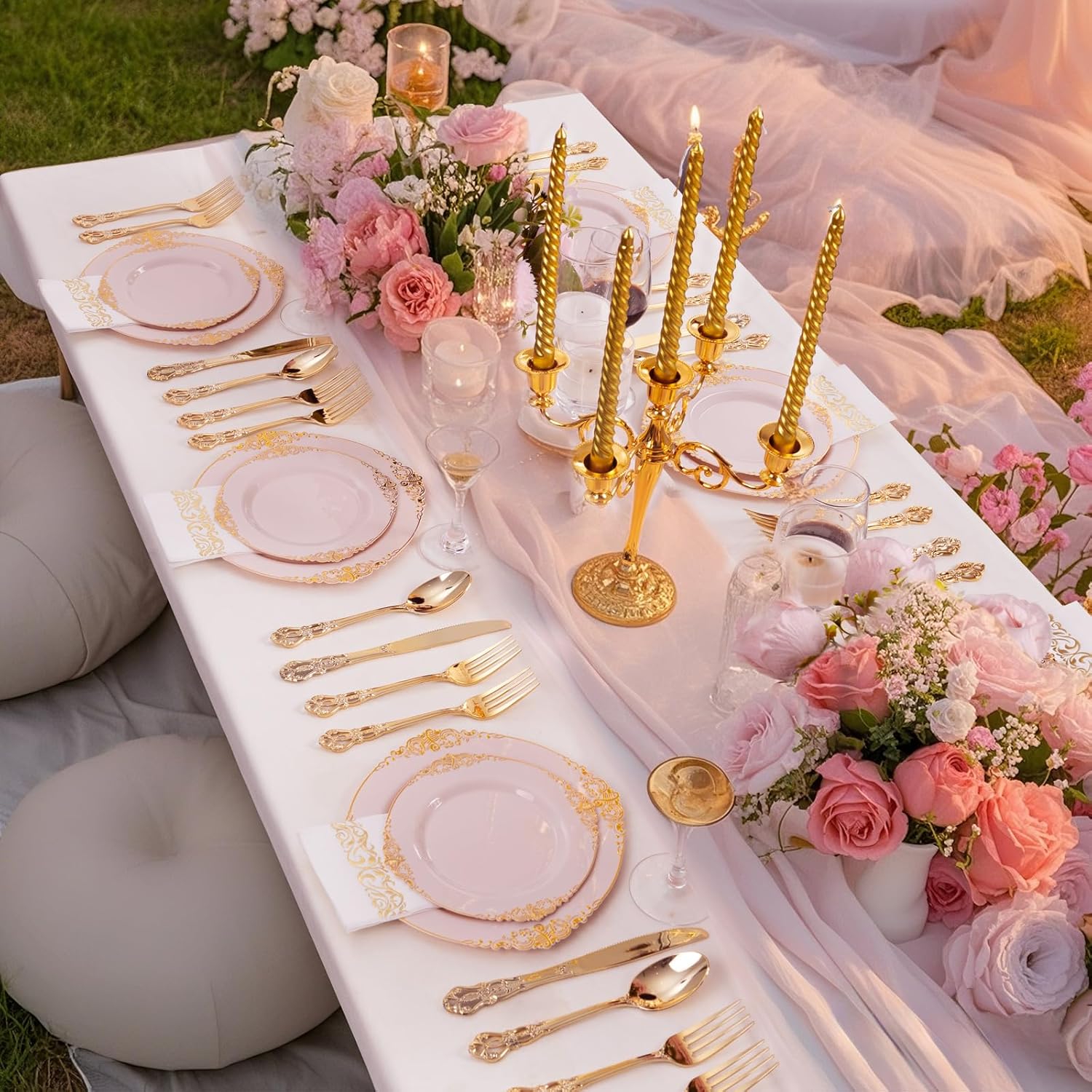 Ciaell 300PCS Pink and Gold Plastic Plates - Pink Disposable Dinnerware Sets for 50 Guests - 100 Plates, 50 Knives, 50 Forks, 50 Spoons, and 50 Napkins for Wedding, Party & Valentine's Day - Image 9