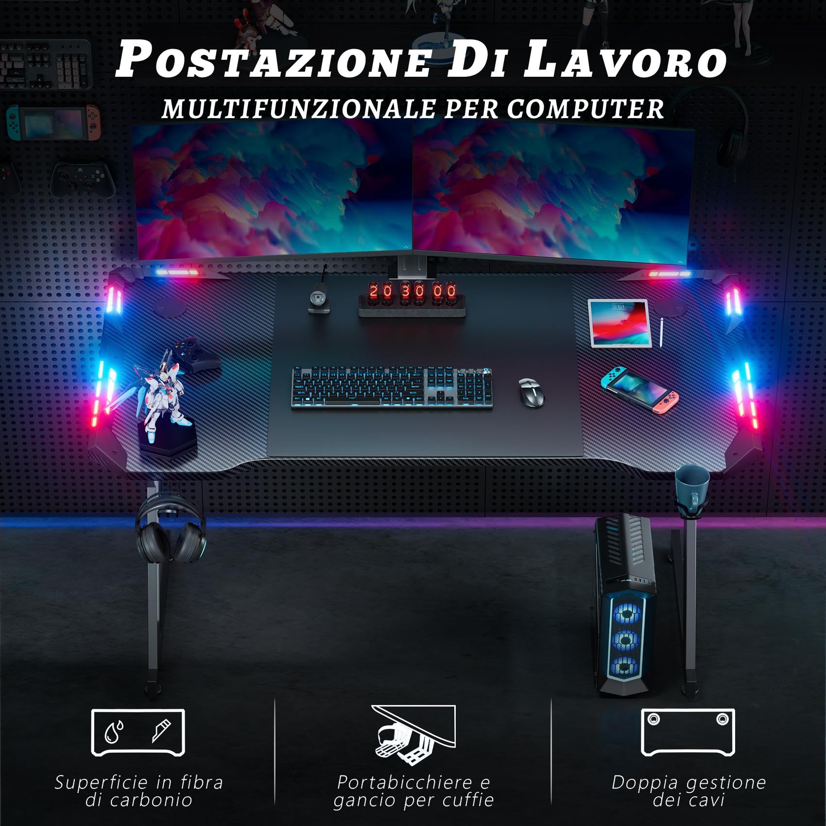HLFURNIEU Scrivania Gaming LED 120 x 60 cm, Scrivania Gamer con Piano in Fibra di Carbonio, Postazione Gaming Ergonomico con Porta Bicchiere e Gancio per Casco, Tavolo Computer Nero