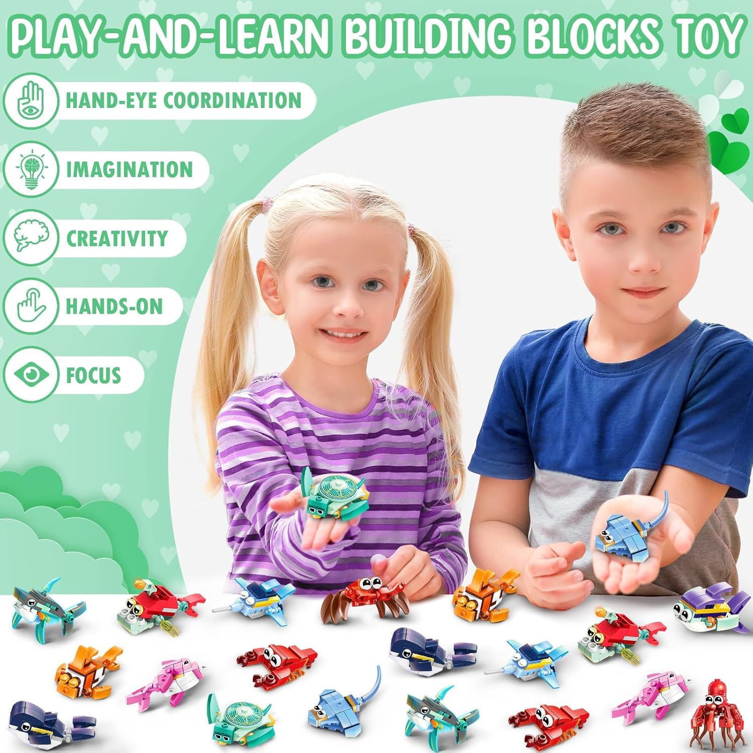 Qinline 24 Pack Easter Gifts for Kids, Marine Animal Building Blocks Set with Gift Cards for Boys Girls, Prefilled Easter Egg Fillers Party Favors Exchange Basket Stuffers for Kids School Classroom