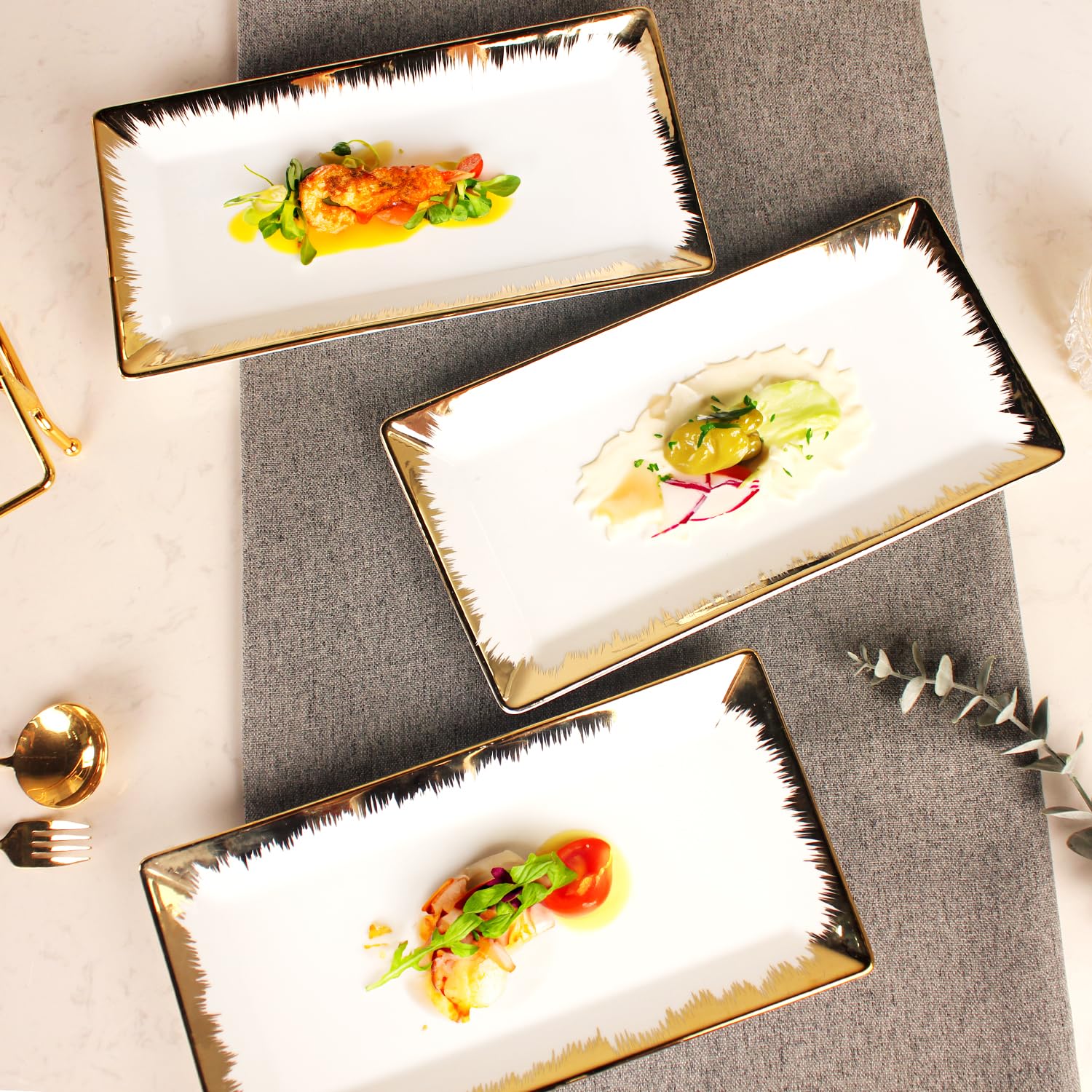 Set di 3 vassoi da portata con 3 vassoi in porcellana da 29 cm e bordo dorato, robusto supporto in oro, per feste, presentazioni di cibo, dessert alla frutta