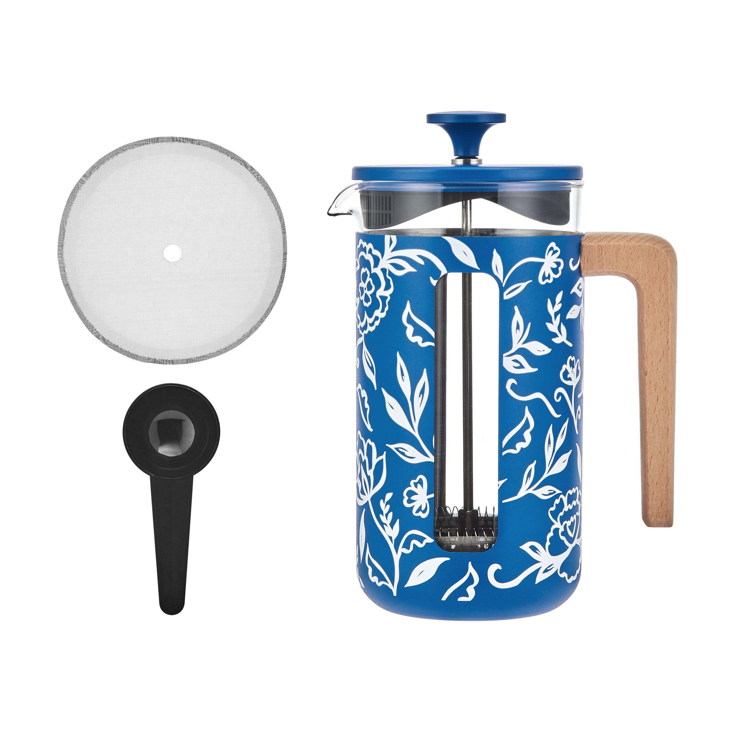 La Cafetière Pisa - Cafetera grande de prensa francesa de 8 tazas con diseño floral, cerámica resistente al calor de 1 L con émbolo de fácil agarre, ideal para té suelto y café molido, Blu Fiorato