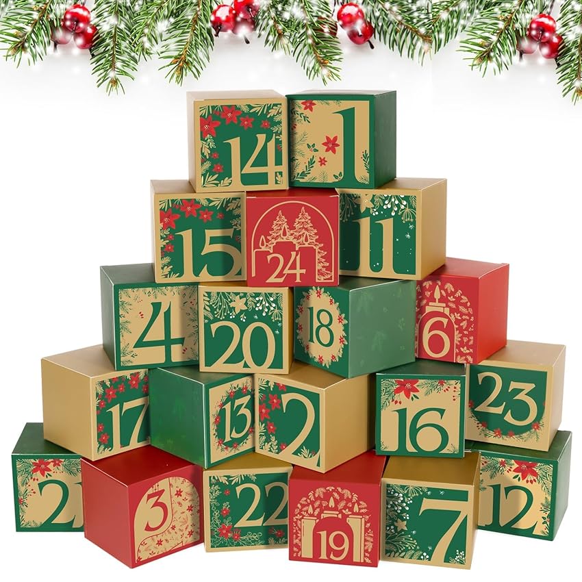 BOFUNX 24pcs Scatola Calendario dell'Avvento Scatola di Natale Calendario dell'Avvento Fai da Te Scatola per Caramelle Natale con Adesivi Numeri per Biscotti Confetti Festa di Natale