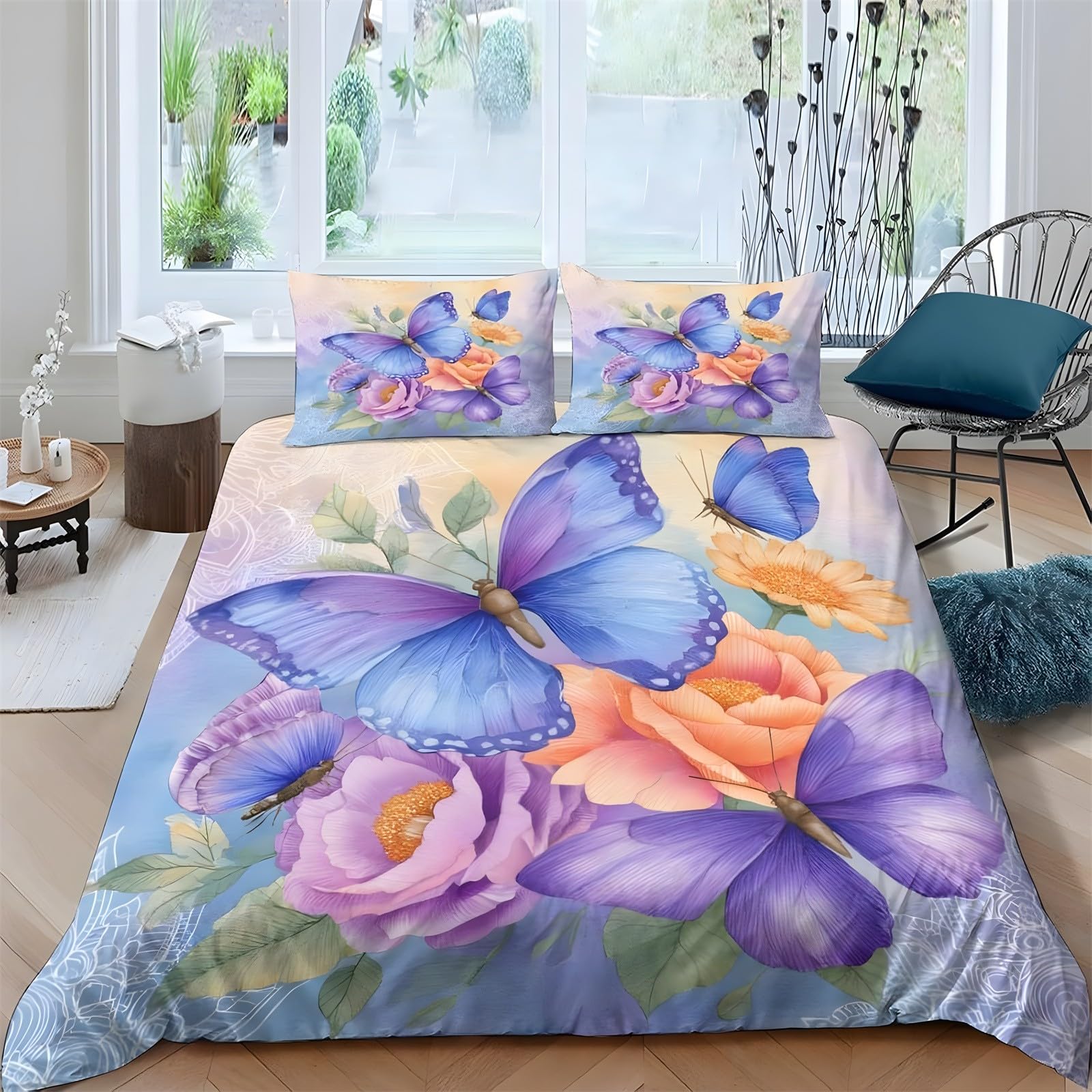 Ypthriline Super King Duvets Set Flowers Butterflies Bedding Set Microfiber Purple Duvet Covers with Pillowcases Reversible Bedding With Zipper Closure 260x220CM