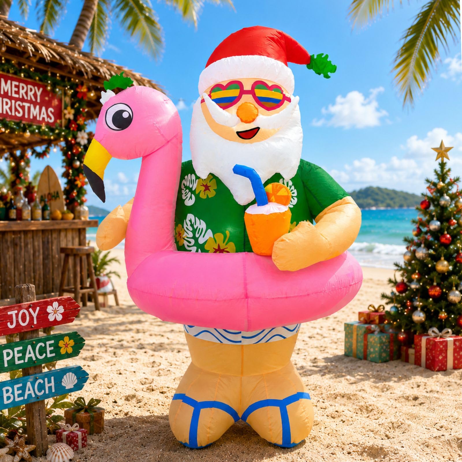 Père Noël gonflable hawaïen de 1,8 m avec LED pour décoration de jardin