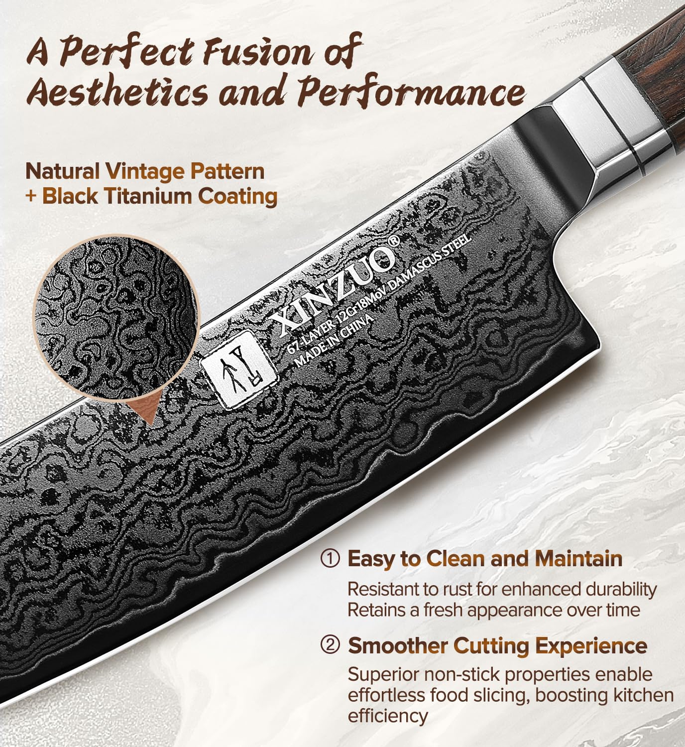 XINZUO Acero de Damasco 19cm Cuchillo de Trinchar de Cocina -Recubrimiento de Titanio Negro -Afilado Forjado Cuchillo Fileteador de Cocinero Profesional -Mango de Madera de Ébano -con Caja de Regalo