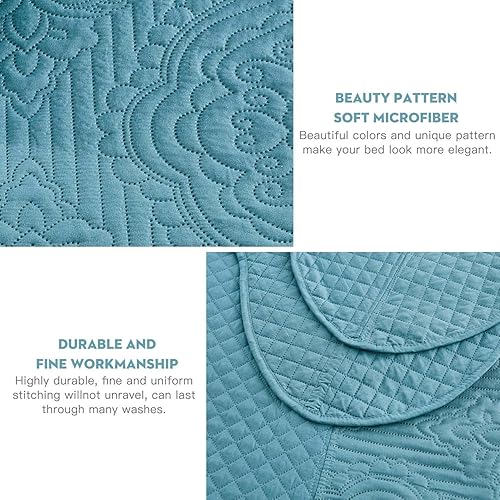 Miniatura 5 de HZ & HY Colcha tamaño King extragrande, juego de ropa de cama ultrasónica, edredón ligero y delgado, reversible, 5 piezas, 100% microfibra, laguna