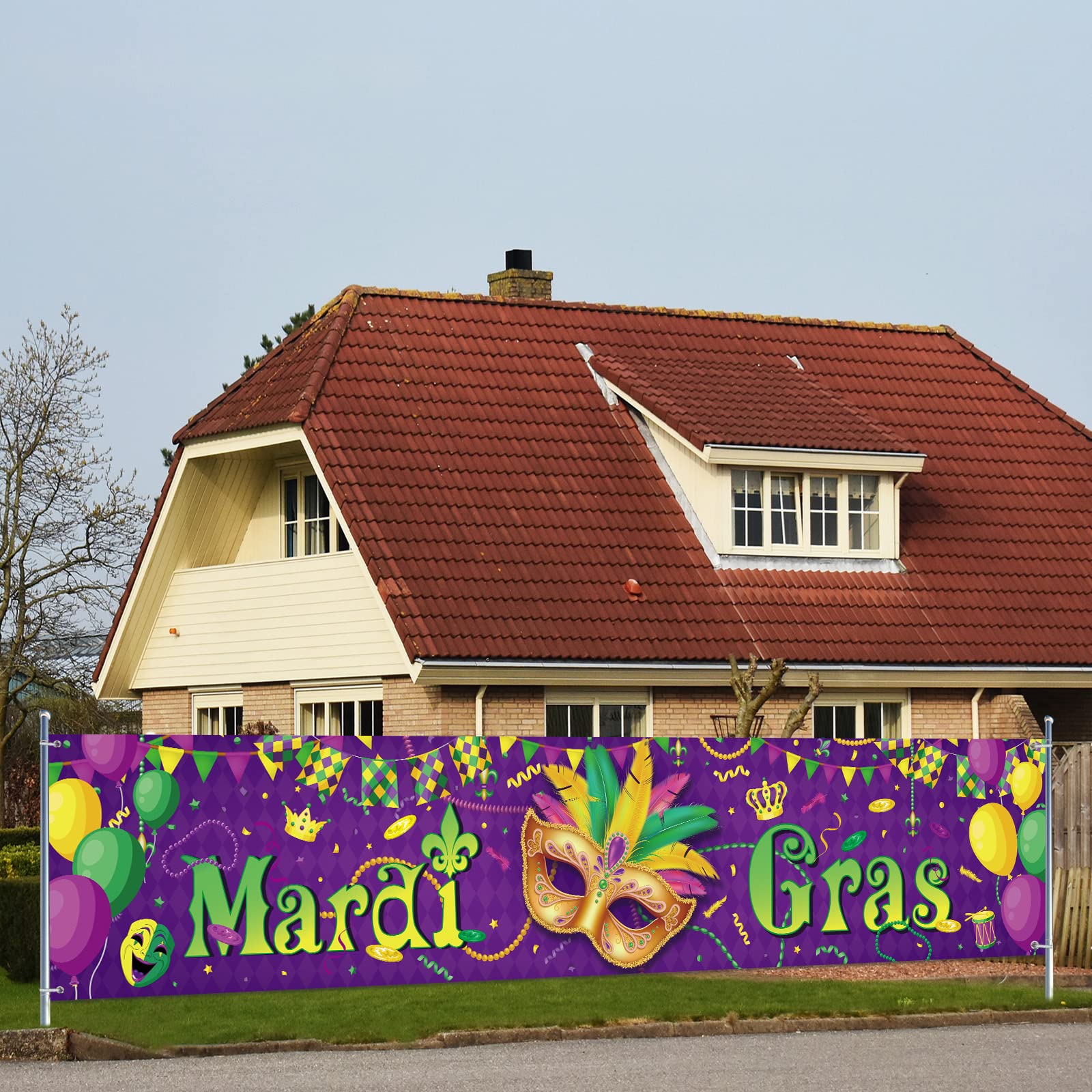 Large Mardi Gras Banner Purple Mardi Gras Yard Sign Banner Carnival Mardi Gras Outdoor Banner New Orleans Masquerade Party Backdrop Banner Decoration for Indoor Outdoor Party Supplies, 118 x 24 Inches — image 1