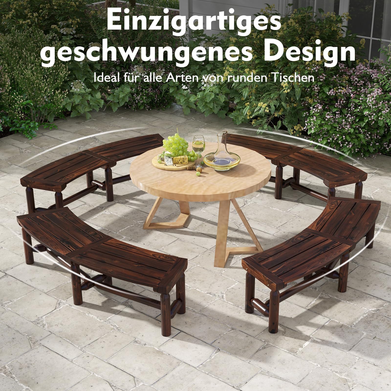 Panca Da Giardino In Legno Curva Per 2-3 Persone FANTASK - Portata 325 Kg, Legno Carbonizzato, 139x36x41 Cm