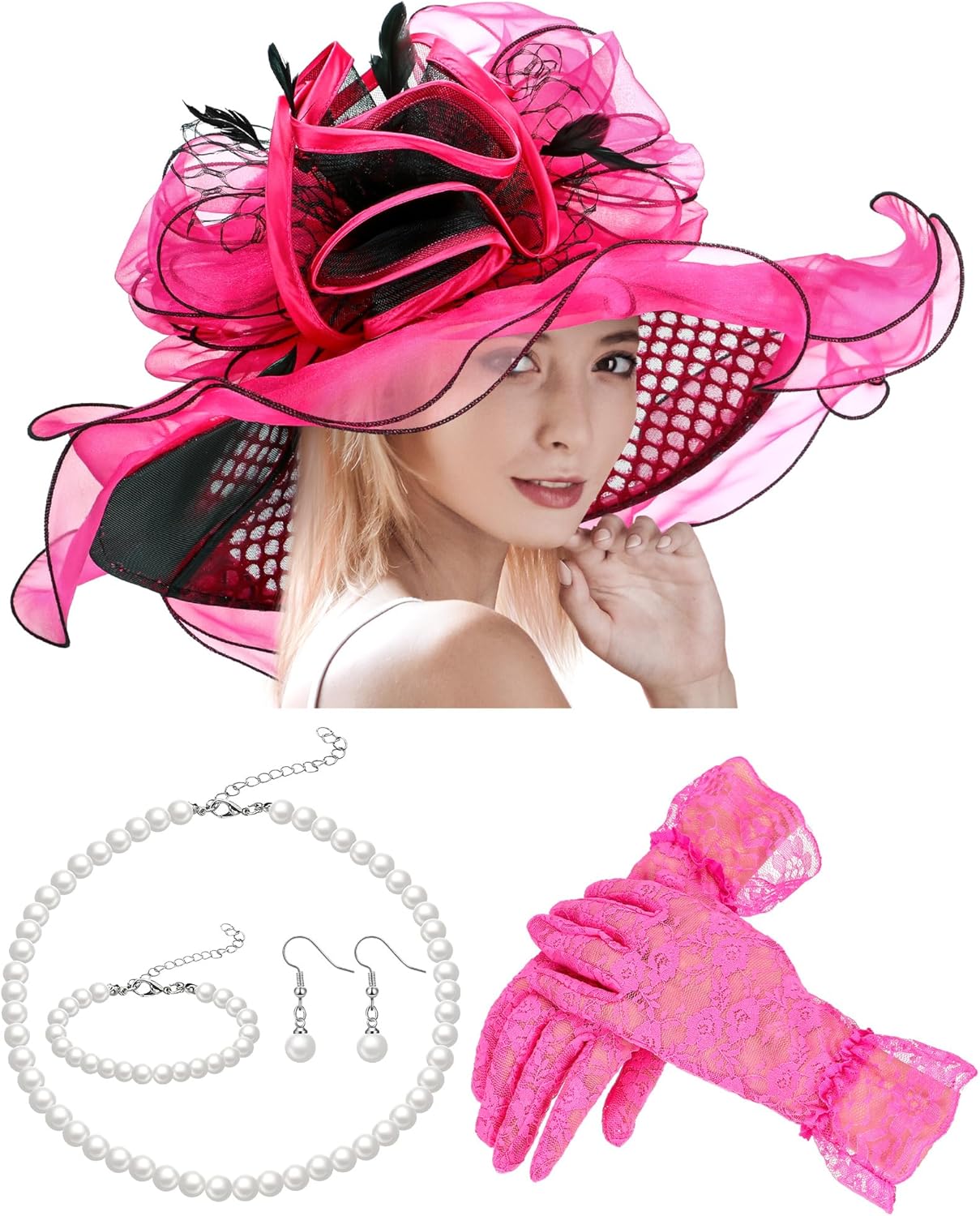 Derby Hat for Women 2026 Wide Brim Organza Sun Church Hat Set Feather Floral Fascinator for Tea Party Wedding Derby