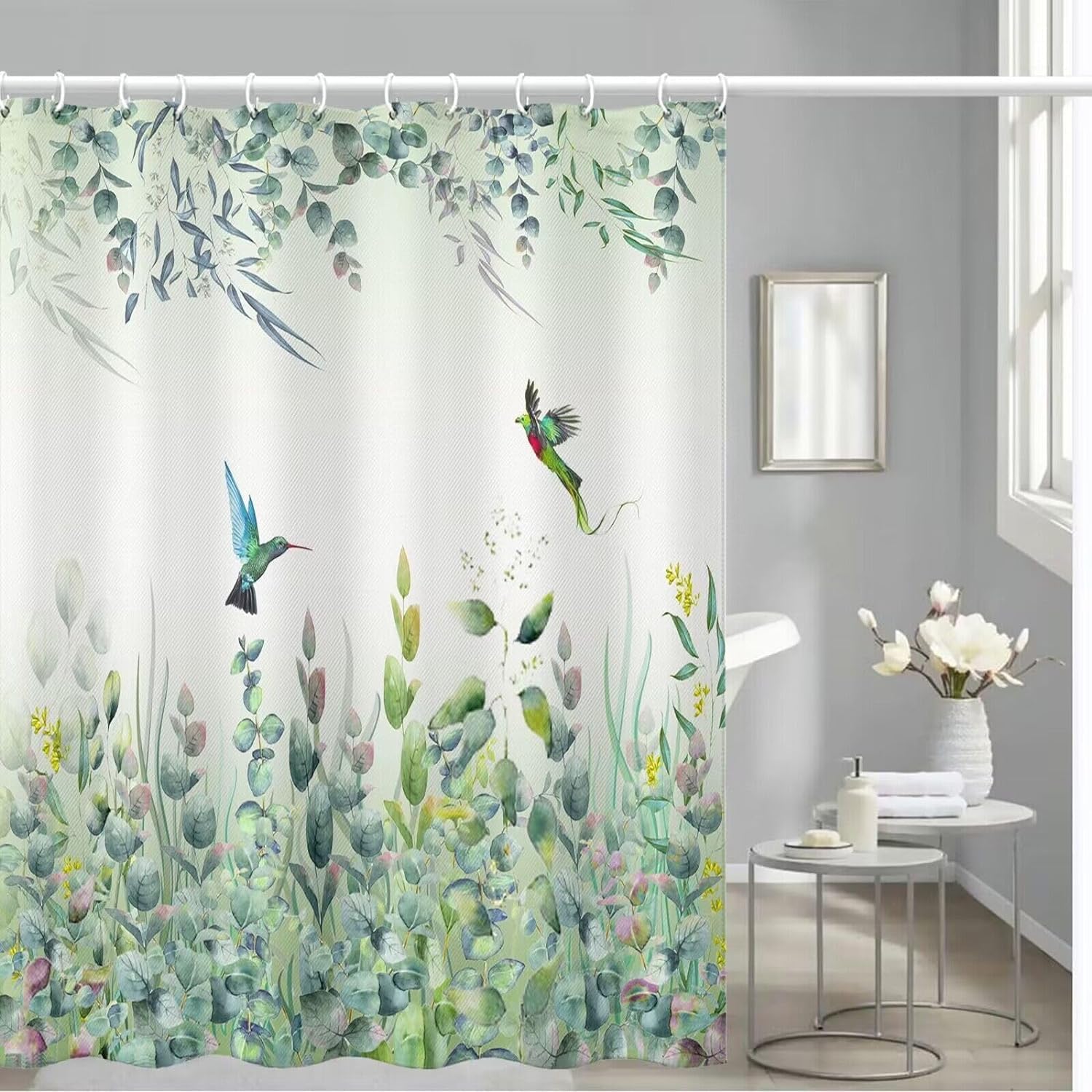 Niidder Green Leaf Shower Curtain - 72" W x 78" L with 12 Hooks, Weighted Hem, Waterproof, Sage Green