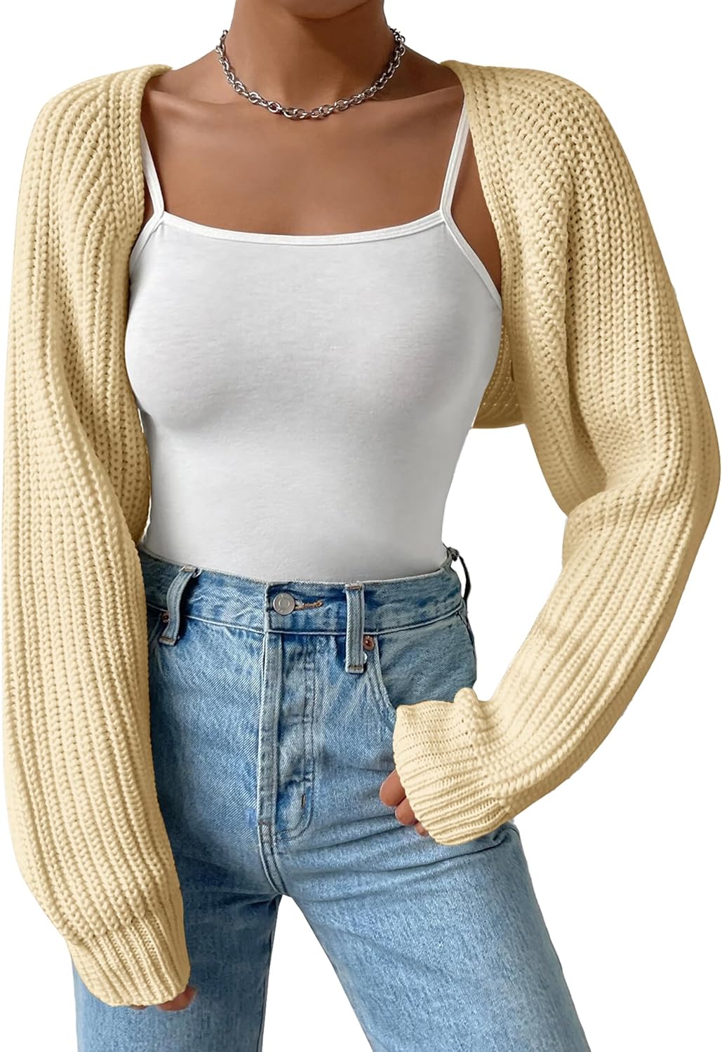 Women's Long Sleeve Open Front Knitted Crop Cardigan Drop Shoulder Knit Bolero Shrug Sweater