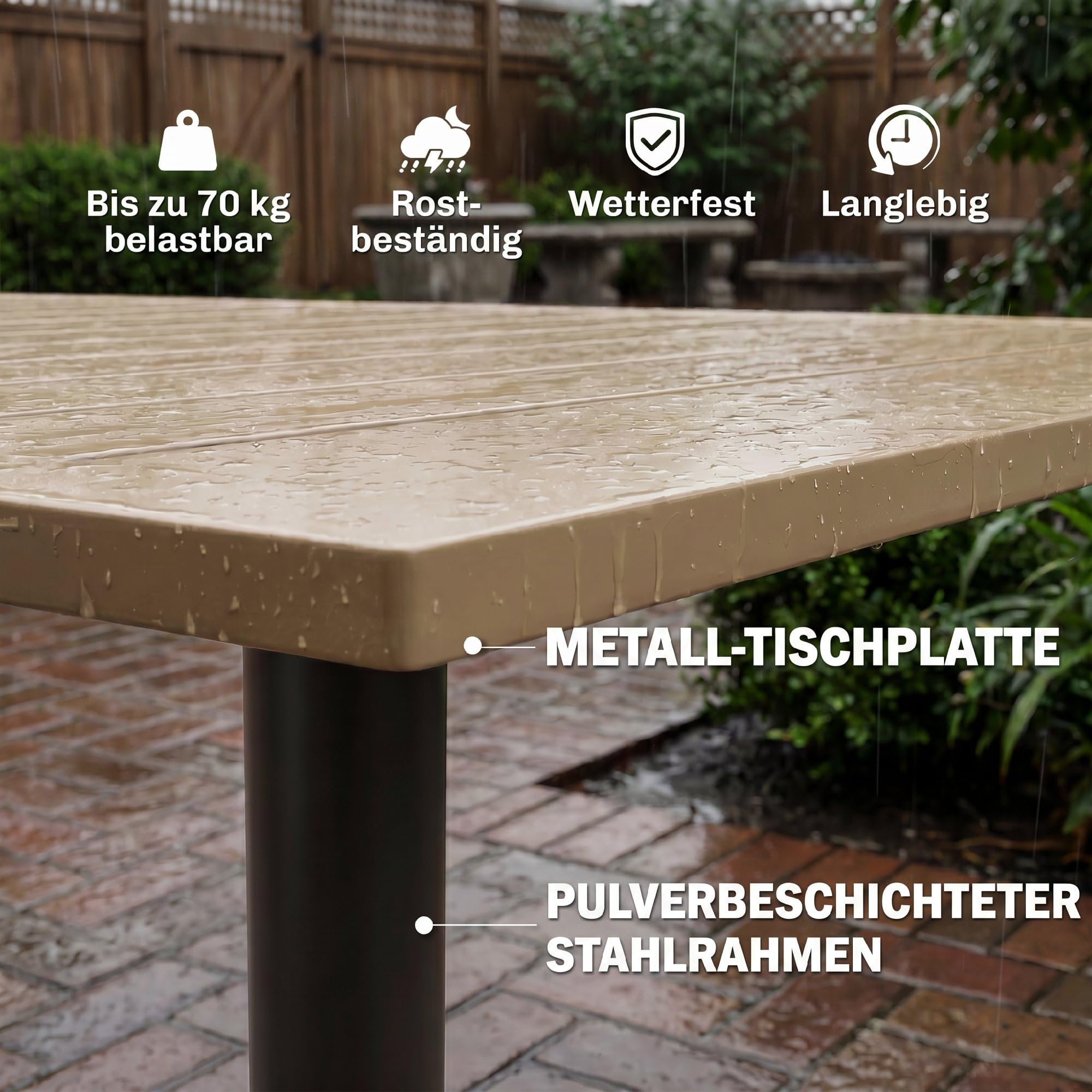 Outsunny Gartentisch 150x90cm Wetterfest Balkontisch mit Schirmloch Braun | Aus Stahl, Lamellendesign, Outdoor Campingtisch, Beistelltisch, Rechteckig, Terrassentisch für Garten Balkon