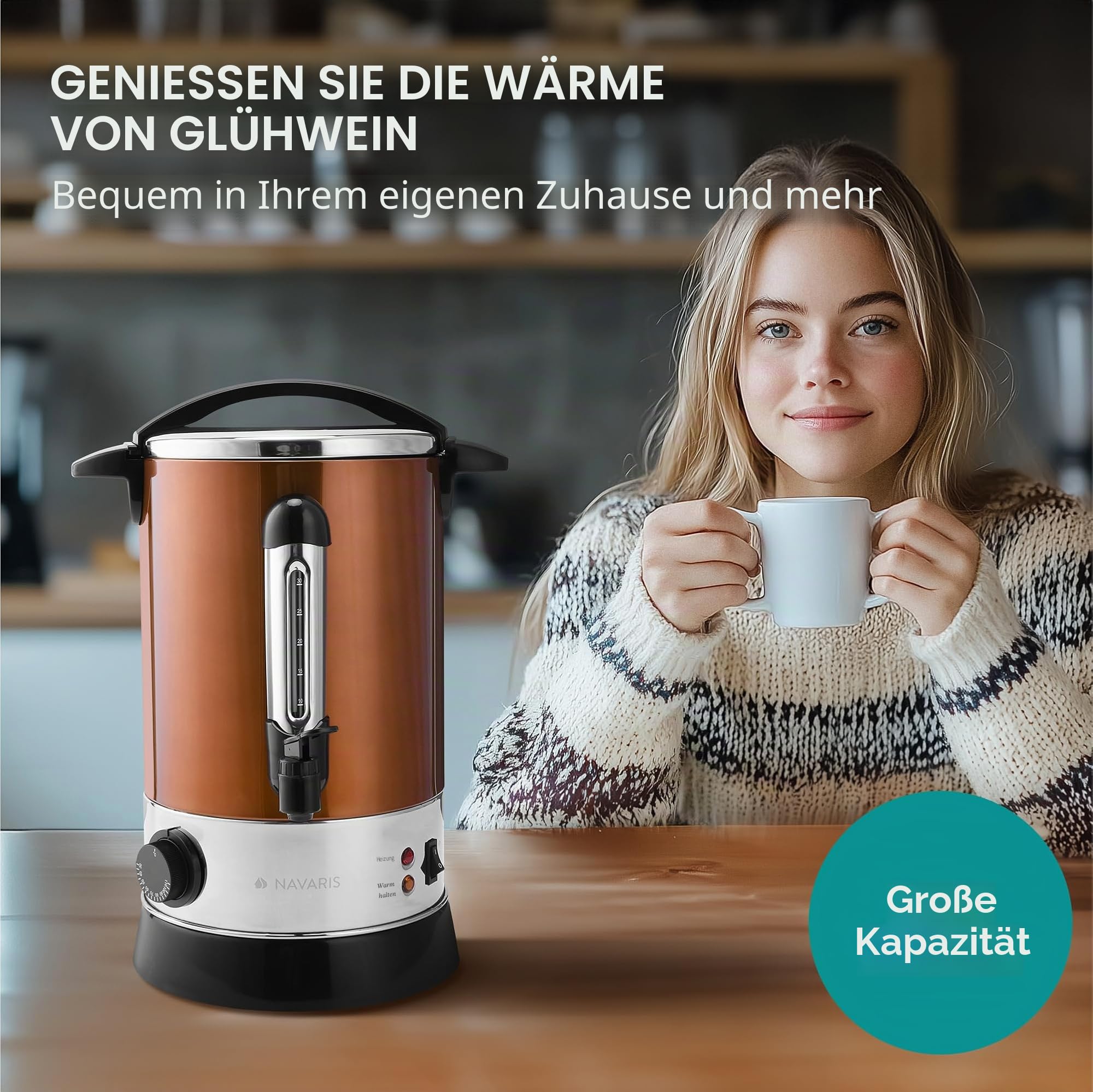 Navaris Glühweinkocher Heißwasserspender aus Edelstahl - 6,8l - mit Thermostat Füllstandanzeige Zapfhahn - Glühwein Heißgetränkeautomat Kupfer