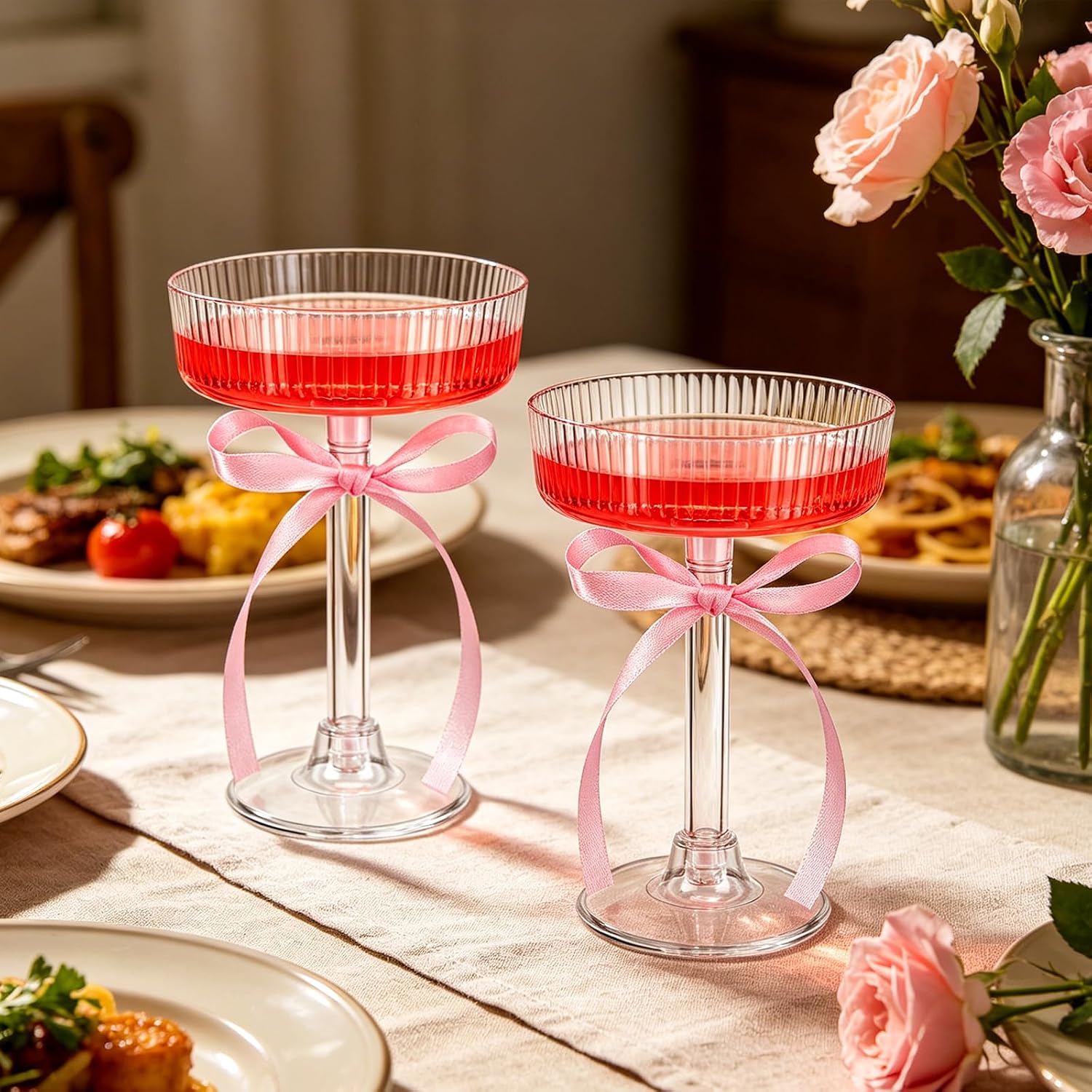 30Pcs Plastic Martini Glasses Champagne Coupe Glasses Ribbed Coupe Glasses Detachable Cocktail Coupe Cup Vintage Margarita with Pink Bow for Wedding Bachelorette Birthday Baby Shower Champagne Tower