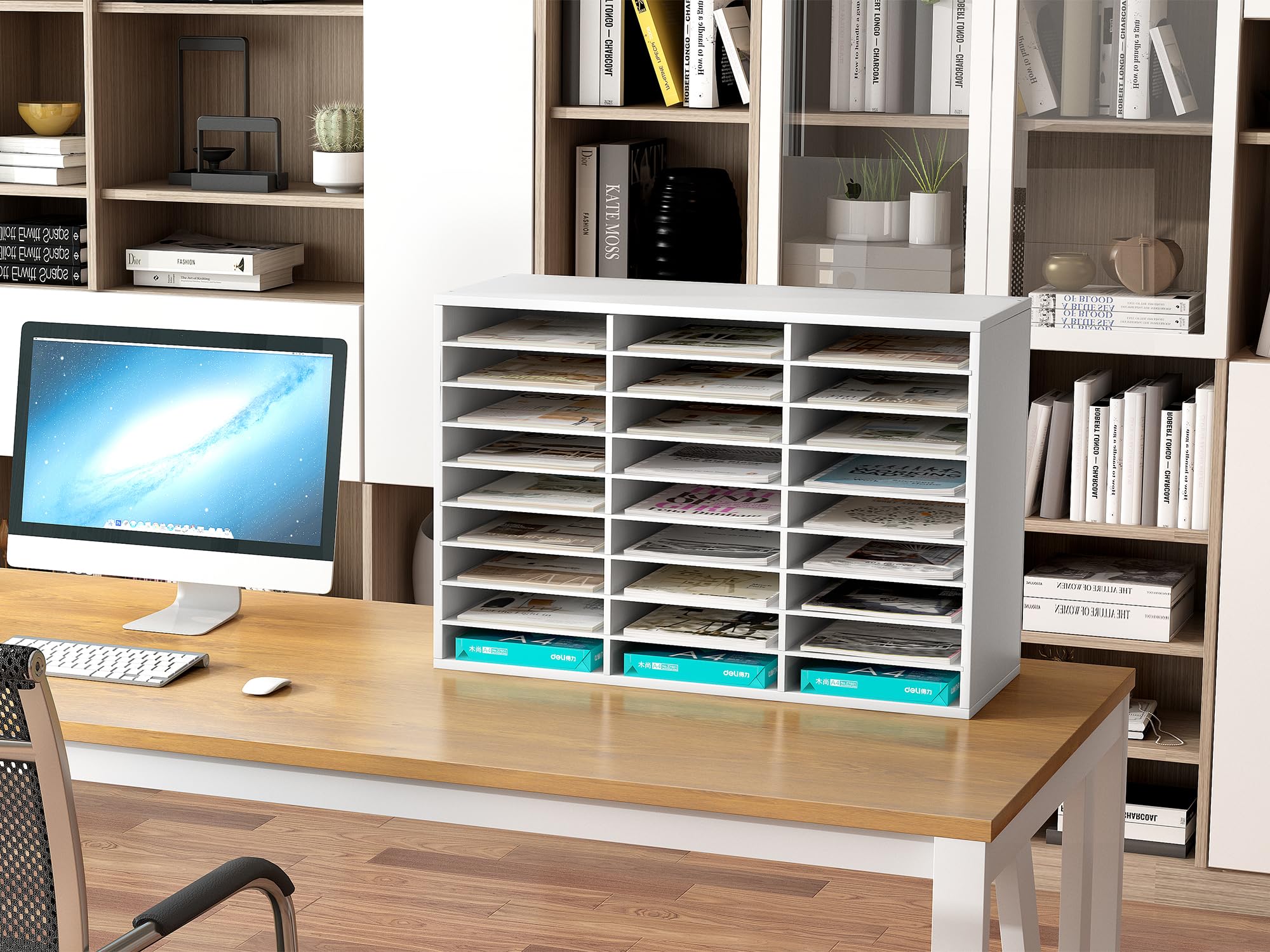 EasyPAG 27 Compartiments Bois Corbeilles à Courrier A4 Banette de Rangement Bureau Porte Revue Organisateur de Magazine Range Document Bannette Papier,Blanc