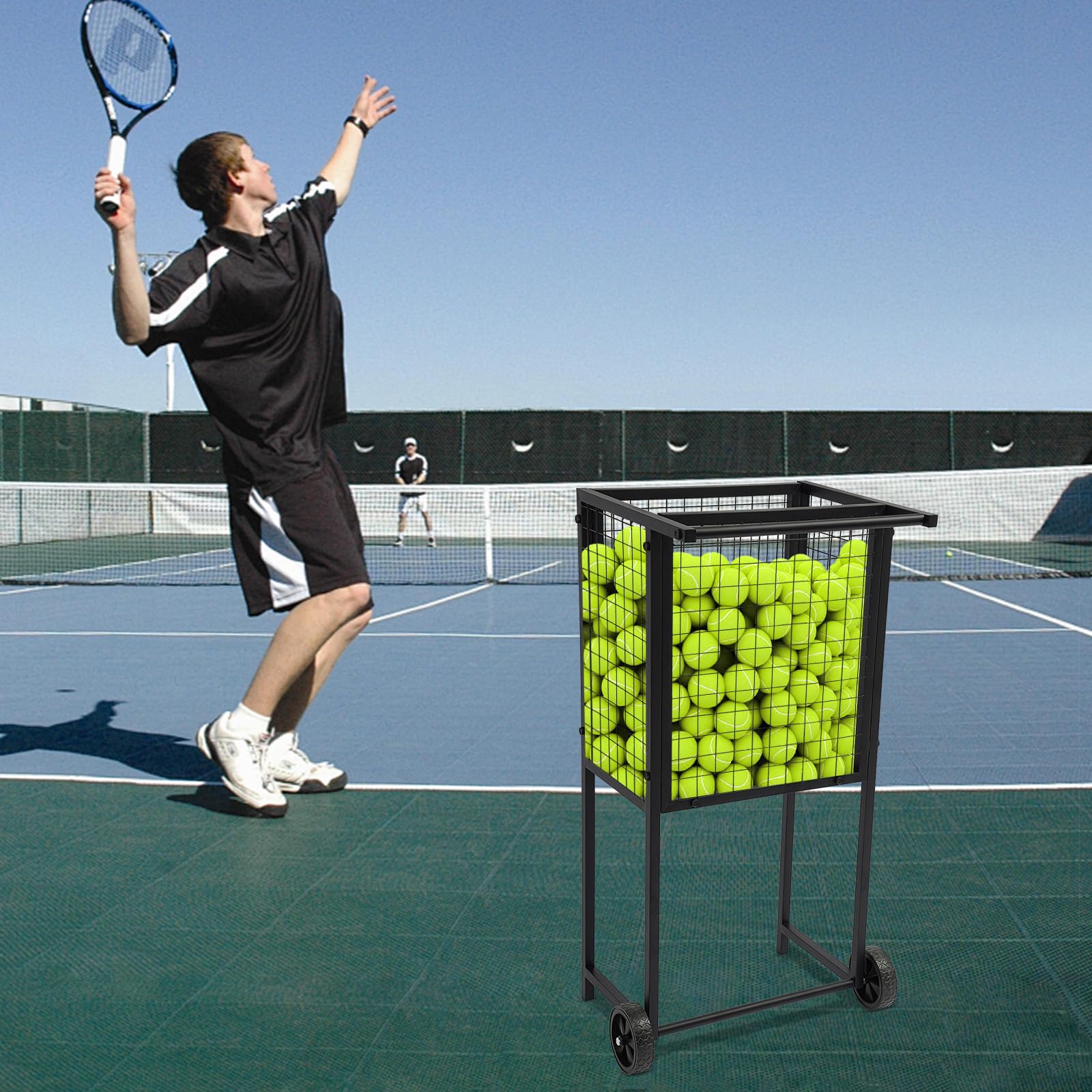 Tennis Ball Cart, Movable Training Tennis Cart Basket with Wheels, Rolling Cart for Tennis Balls, Heavy-Duty Construction Portable Tennis Ball Holder Basket