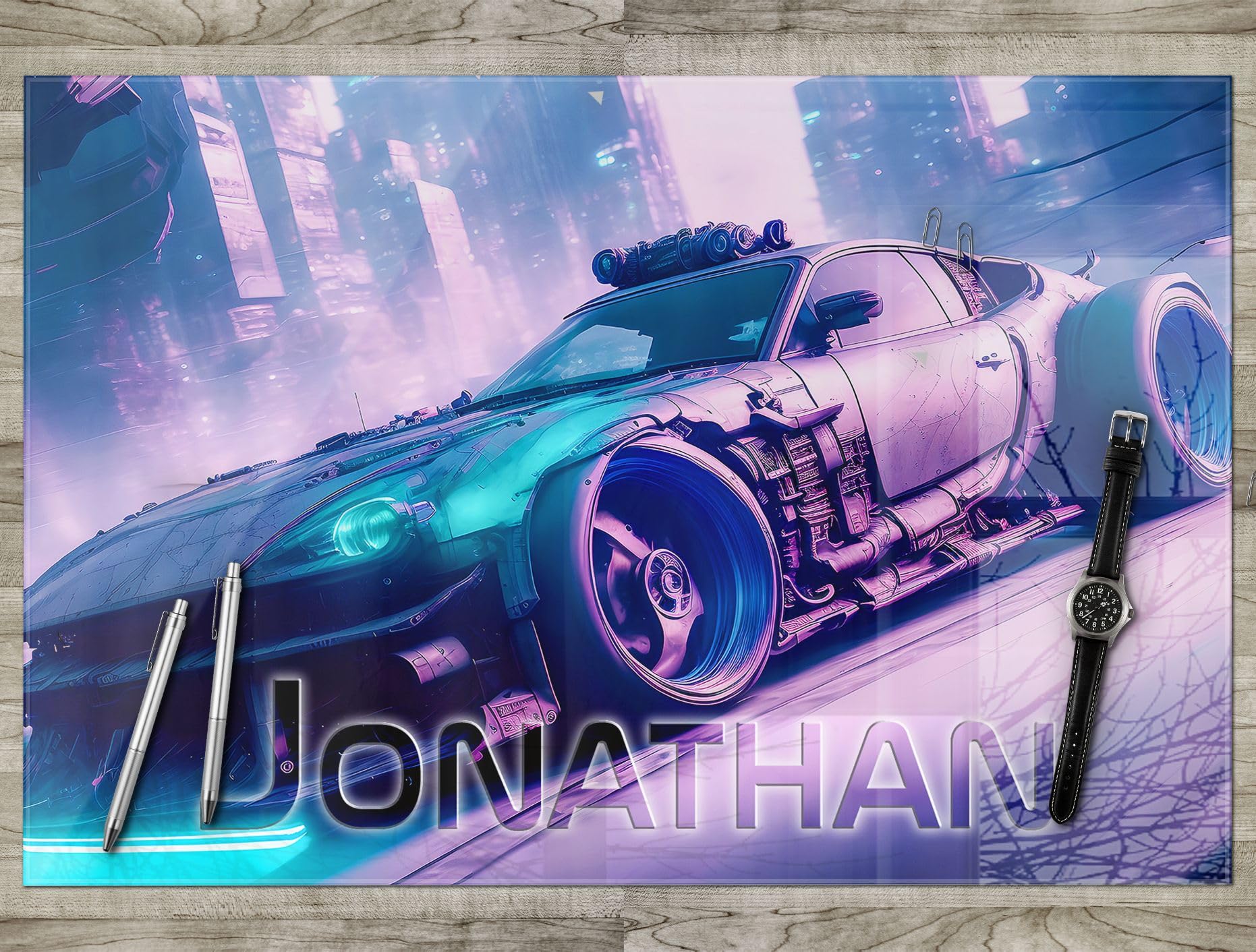 Gaming Schreibtischunterlage personalisiert mit Namen | 80 x 60 cm Rennwagen | wasserfeste Schreibunterlage, abwischbar, hochwertiges Acrylglas, Gamer Teenager Kunststoff