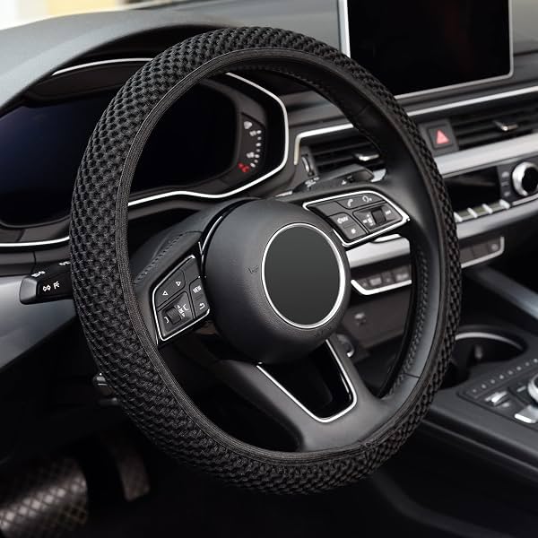 Funda para volante elástica KAFEEK, universal 15 pulgadas, negro | Cálida en invierno y fresca en verano, microfibra transpirable de seda de hielo, antideslizante, sin olor, fácil de llevar