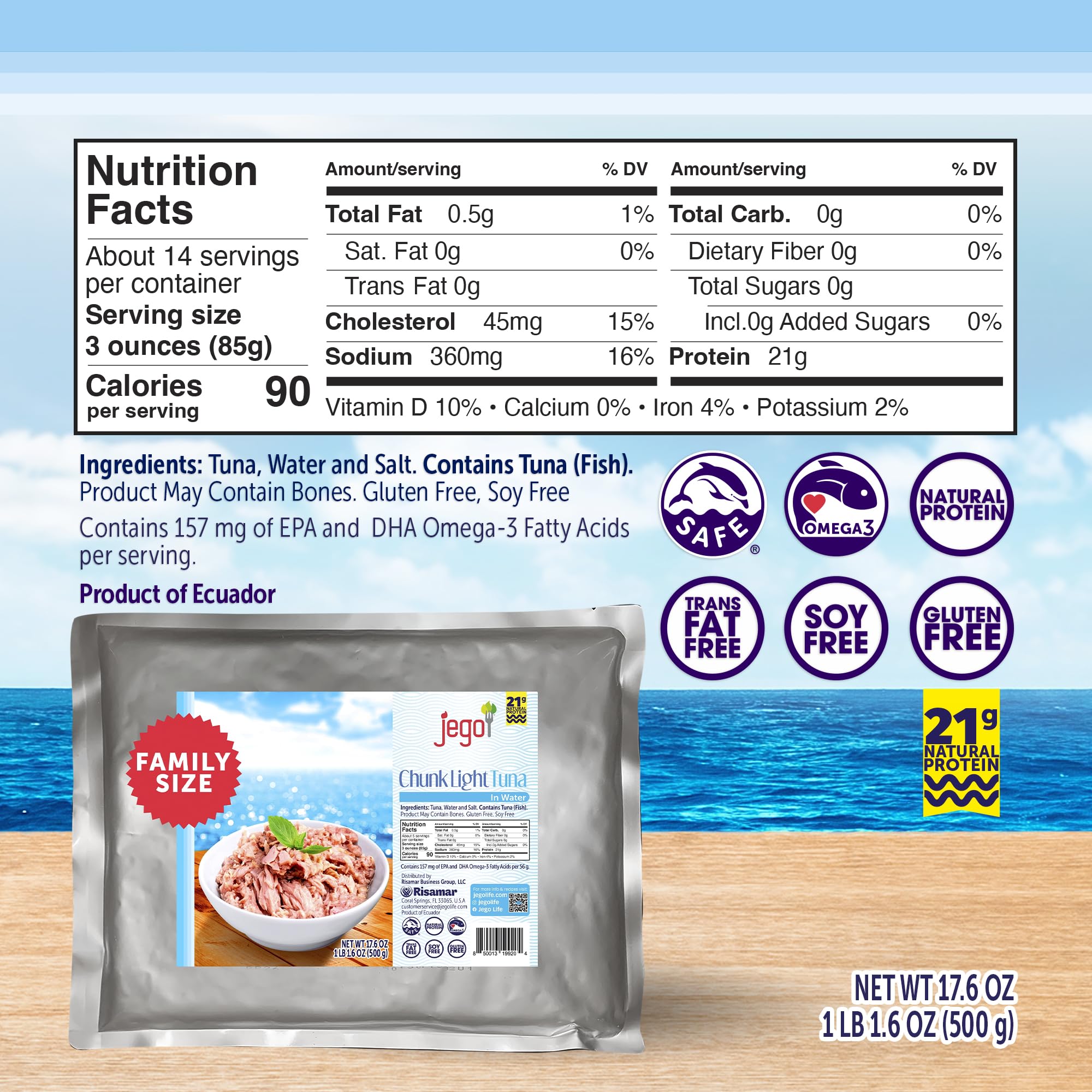 Jego Chunk Light Tuna in Water | Wild Natural Catch Tuna | Keto | Low Carb | Gluten Free | Soy Free | Ready to eat | 17.6 oz Pouch