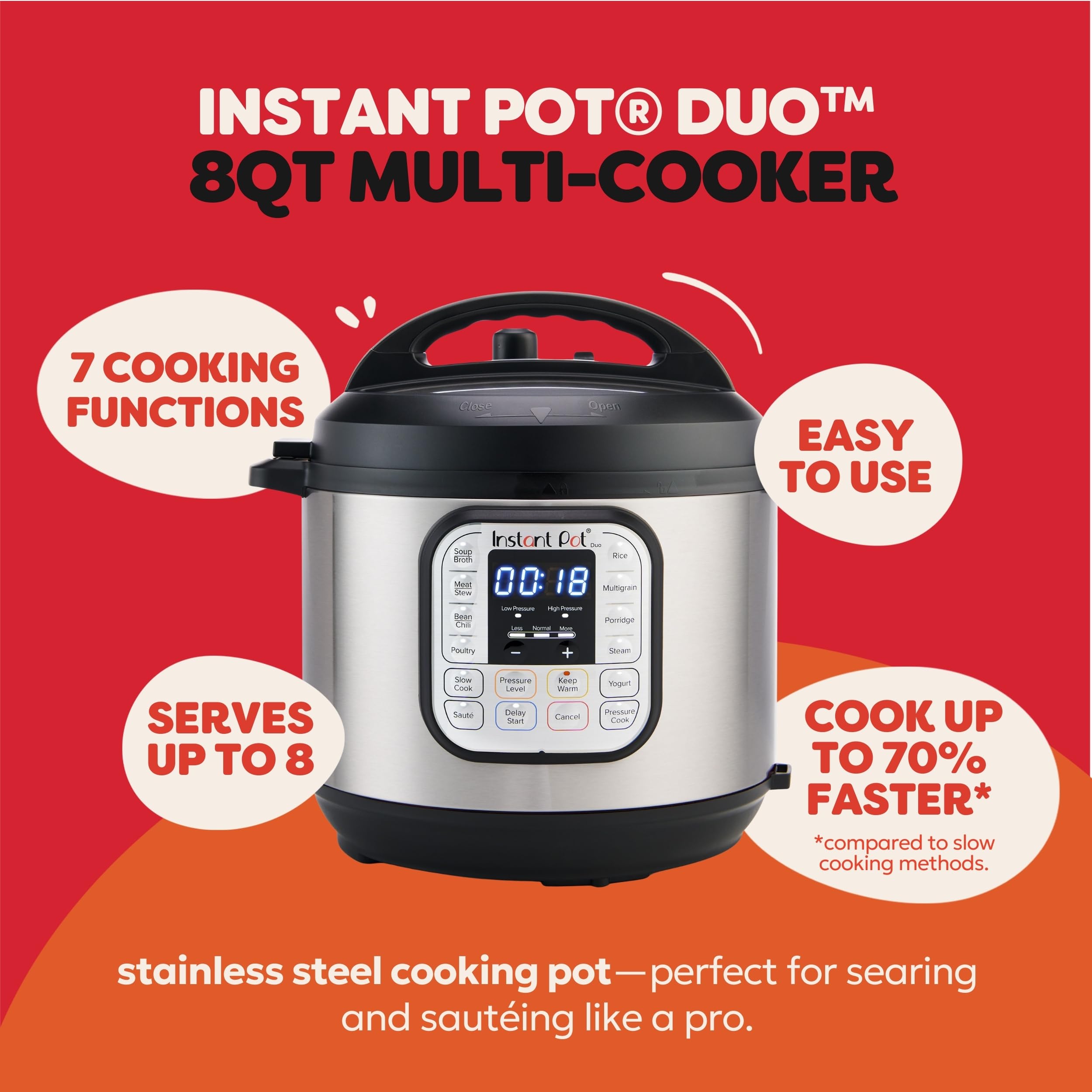 Instant Pot Duo 7-in-1 Electric Pressure Cooker, Slow Cooker, Rice Cooker, Steamer, Sauté, Yogurt Maker, Warmer & Sterilizer, Includes App with Over 800 Recipes, Stainless Steel, 8 Quart - 3