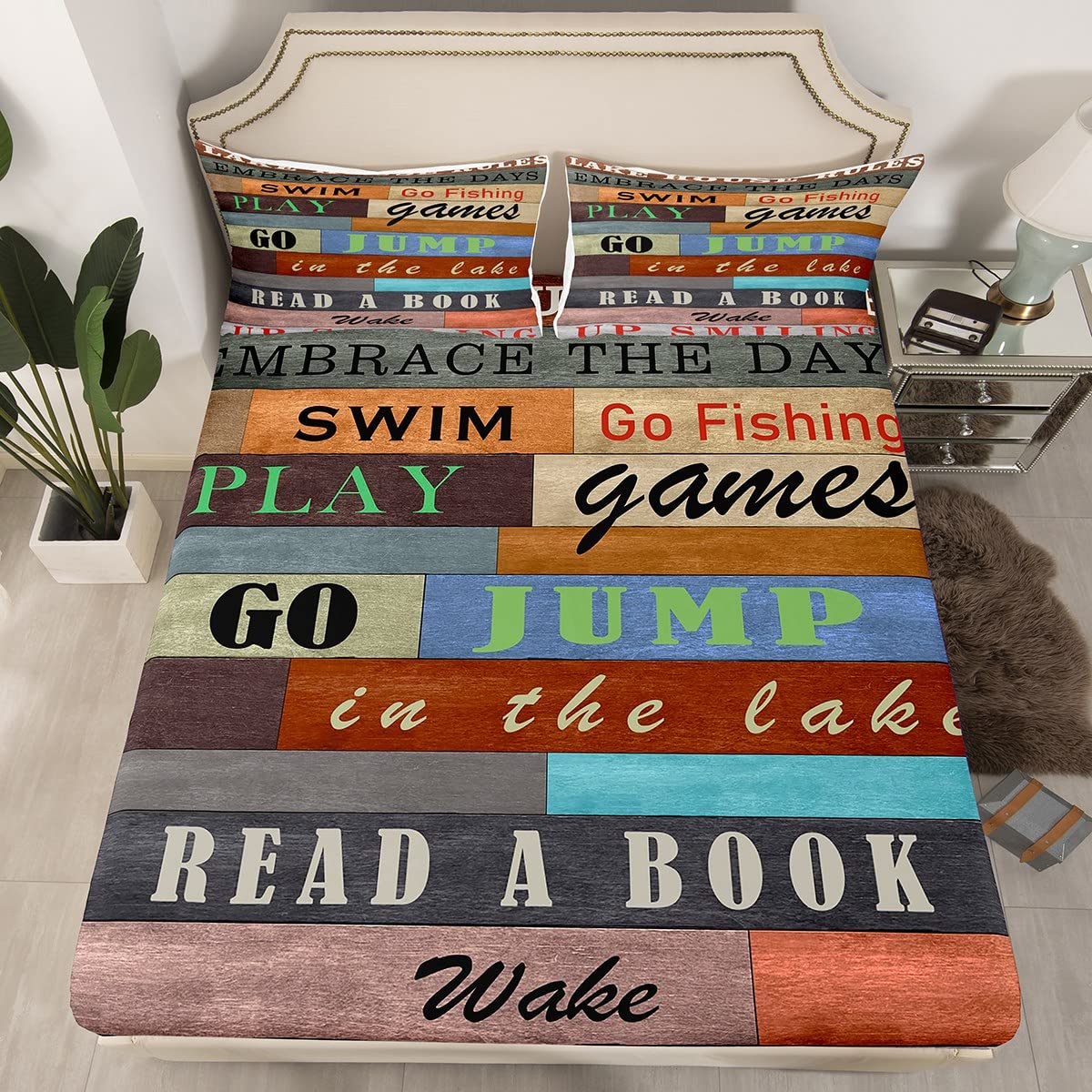 Lake House Rules Fitted Sheet Camping Bed Sheet Set Rustic Farmhouse Bedding Set Wooden Plank Bed Cover 3Pcs Double