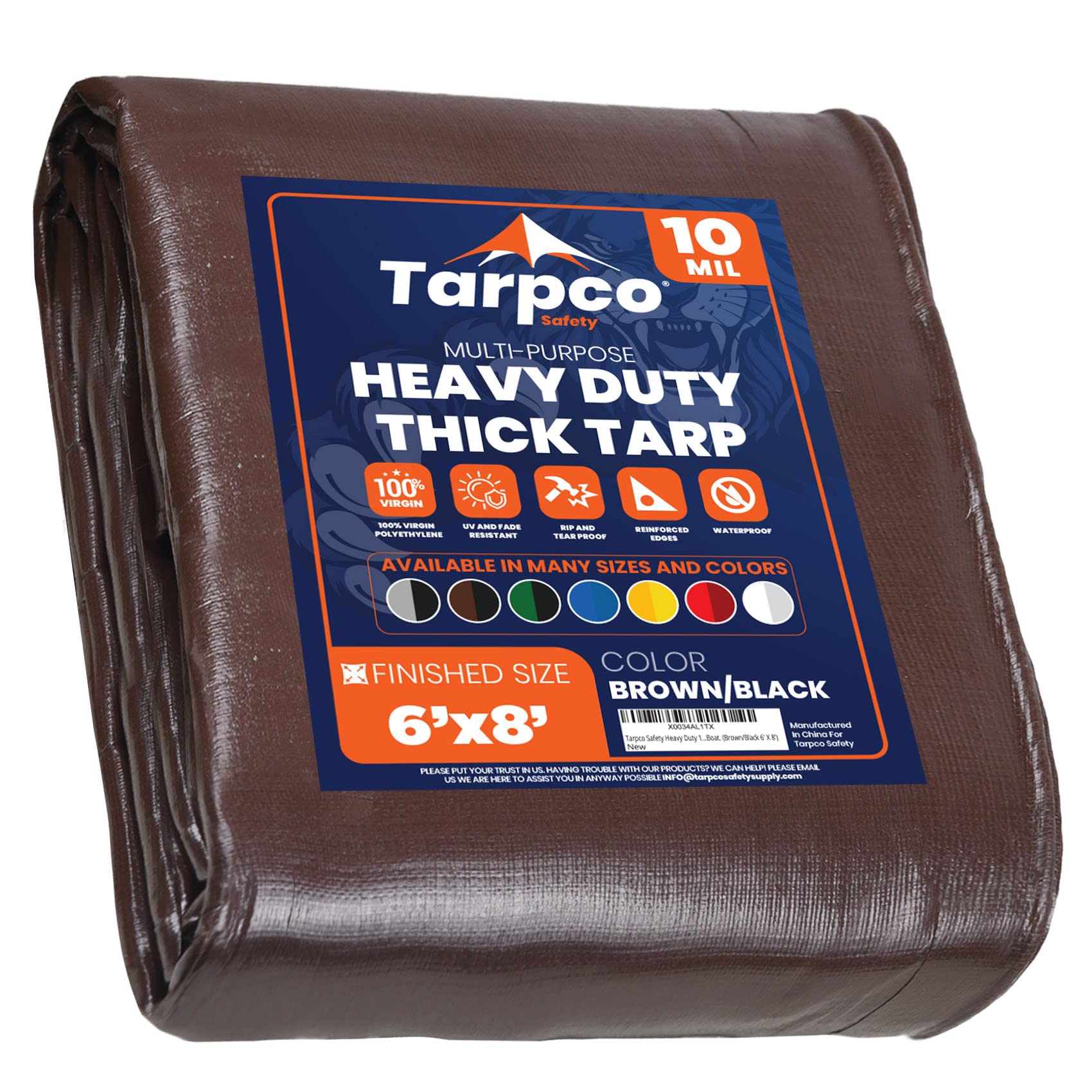 Heavy Duty 10 Mil Tarp Cover, Waterproof, UV Resistant, Rip and Tear Proof, Poly Tarpaulin with Reinforced Edges for Camping, Roof, Patio, Pool, Boat. (Brown/Black 6′ X 8′)