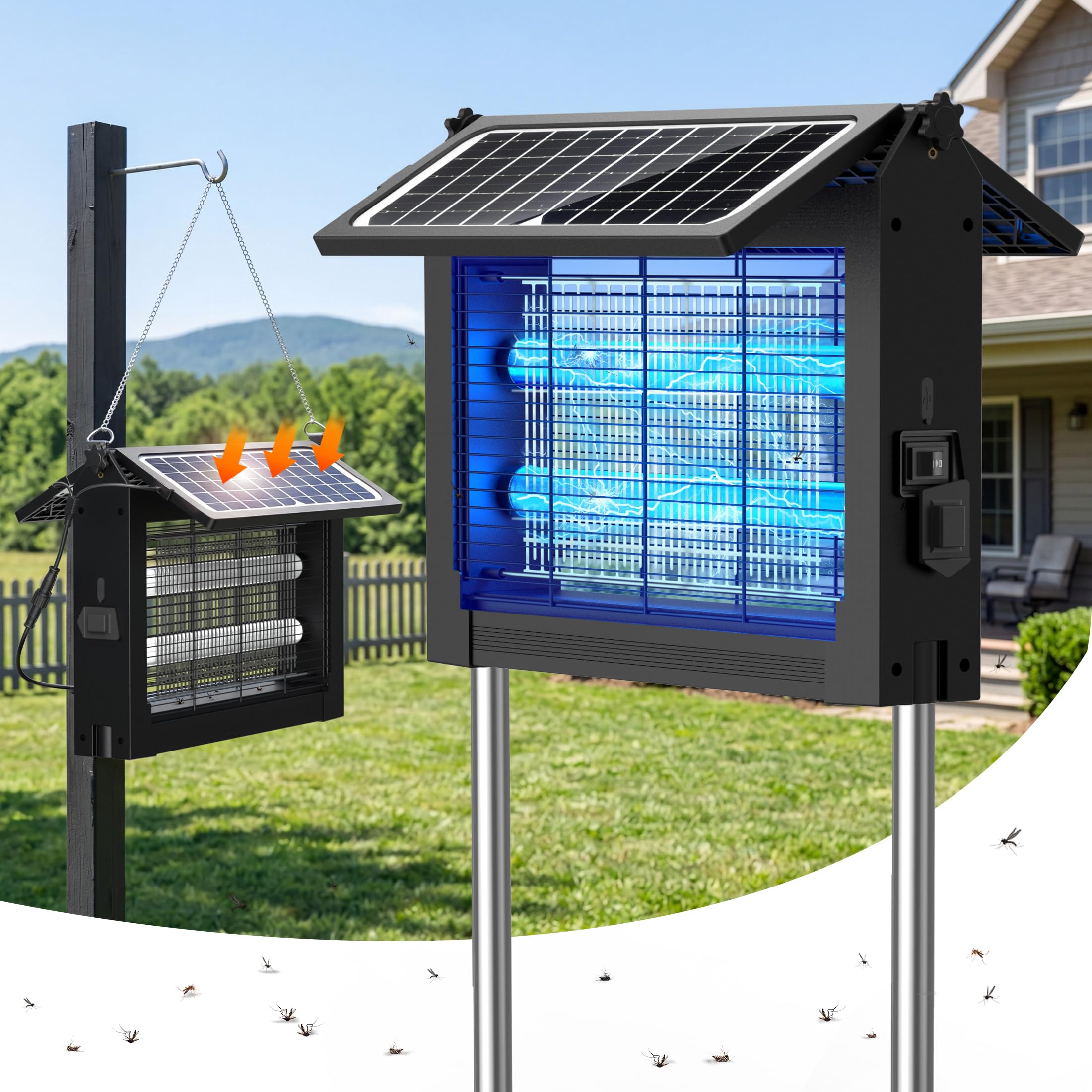 Zapper solare per insetti da esterno, 4500 V, ricaricabile senza fili, con ricarica USB-C, trappola elettrica impermeabile per insetti per portico, terrazza, garage, fienile, capannone
