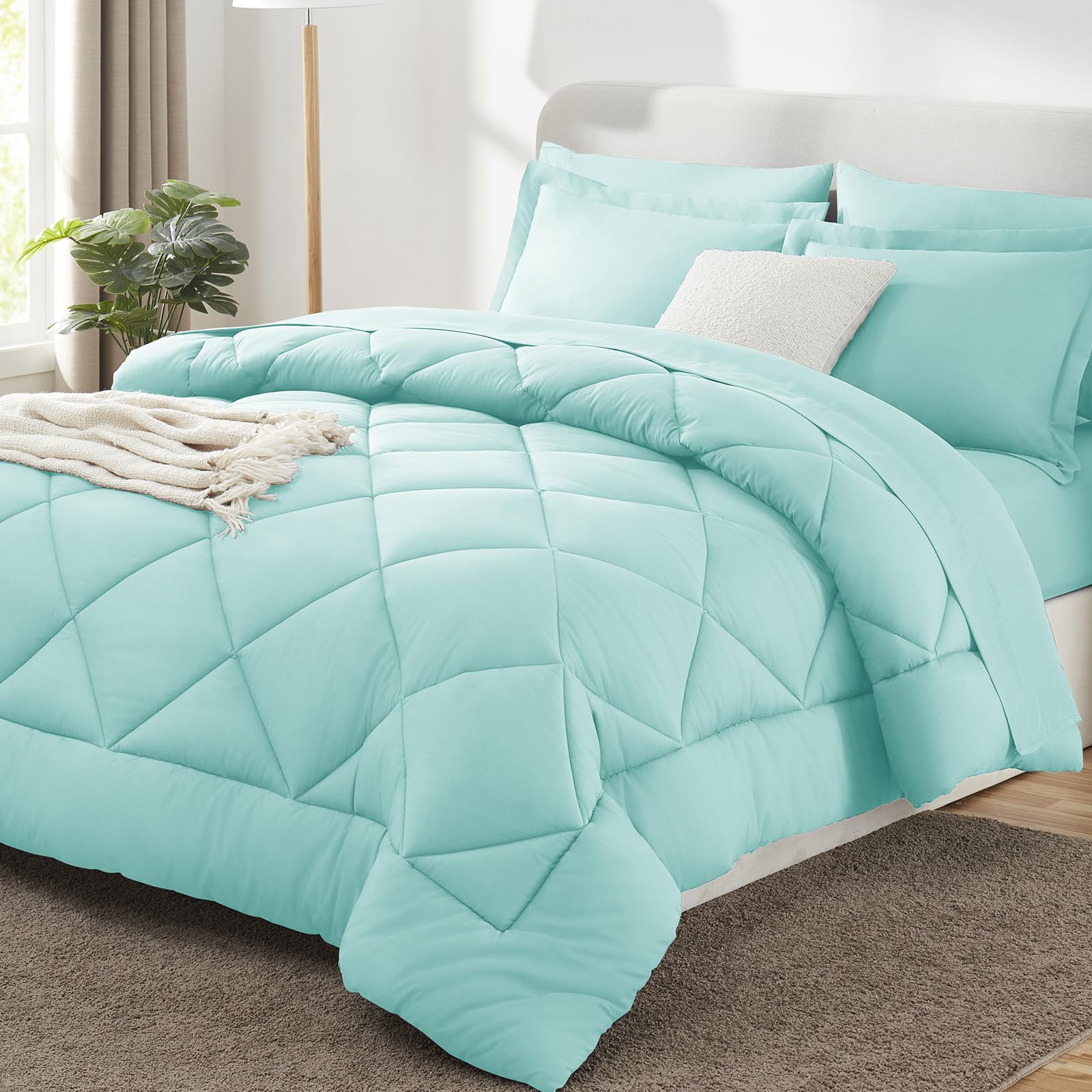 CozyLux Full Comforter Set 82"x86" Spa Blue - 7 Piece Bed in a Bag