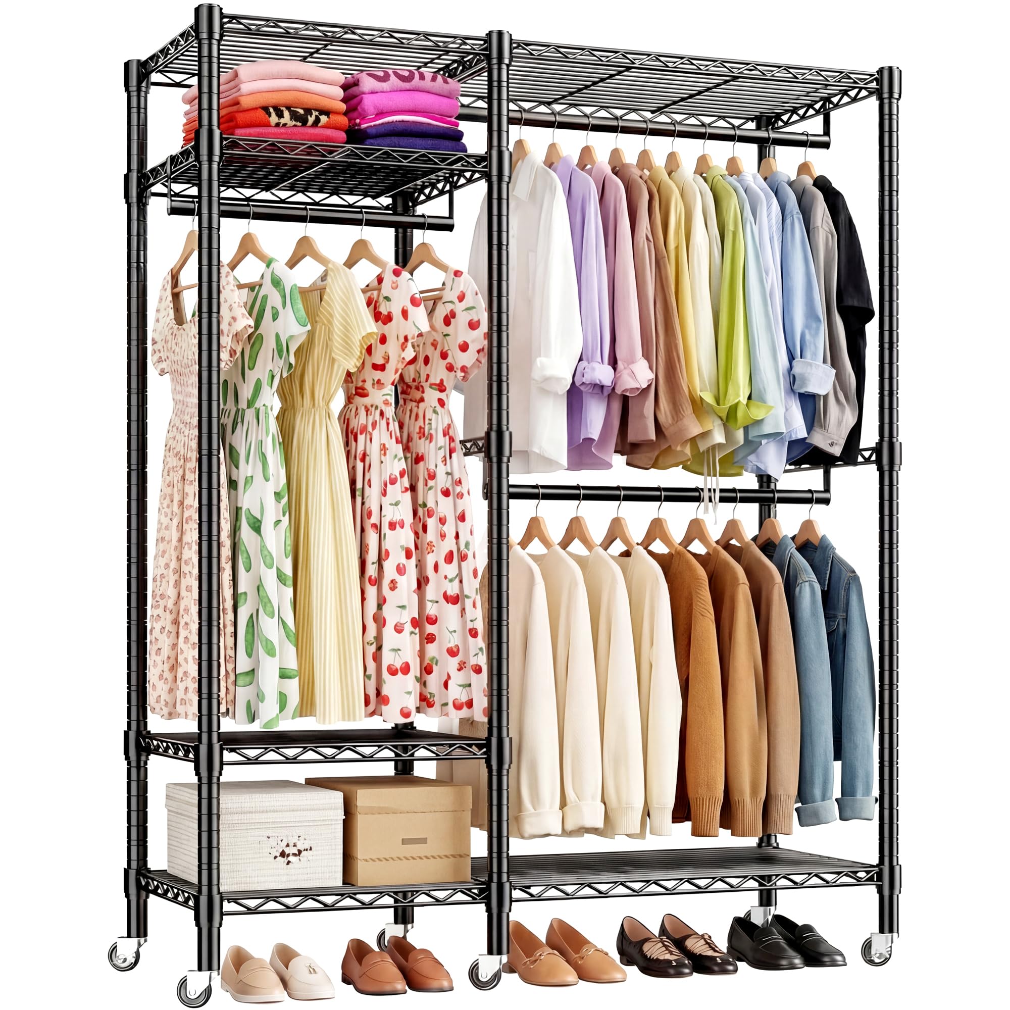 Cliporix 350KG Heavy Duty Clothes Rails with Adjustable 6 Shelves and 3 Hang rails, Freestanding Open Wardrobe on Wheels, 205cm Metal Clothing Rail for Bedroom, Hallway, Laundry room, Black