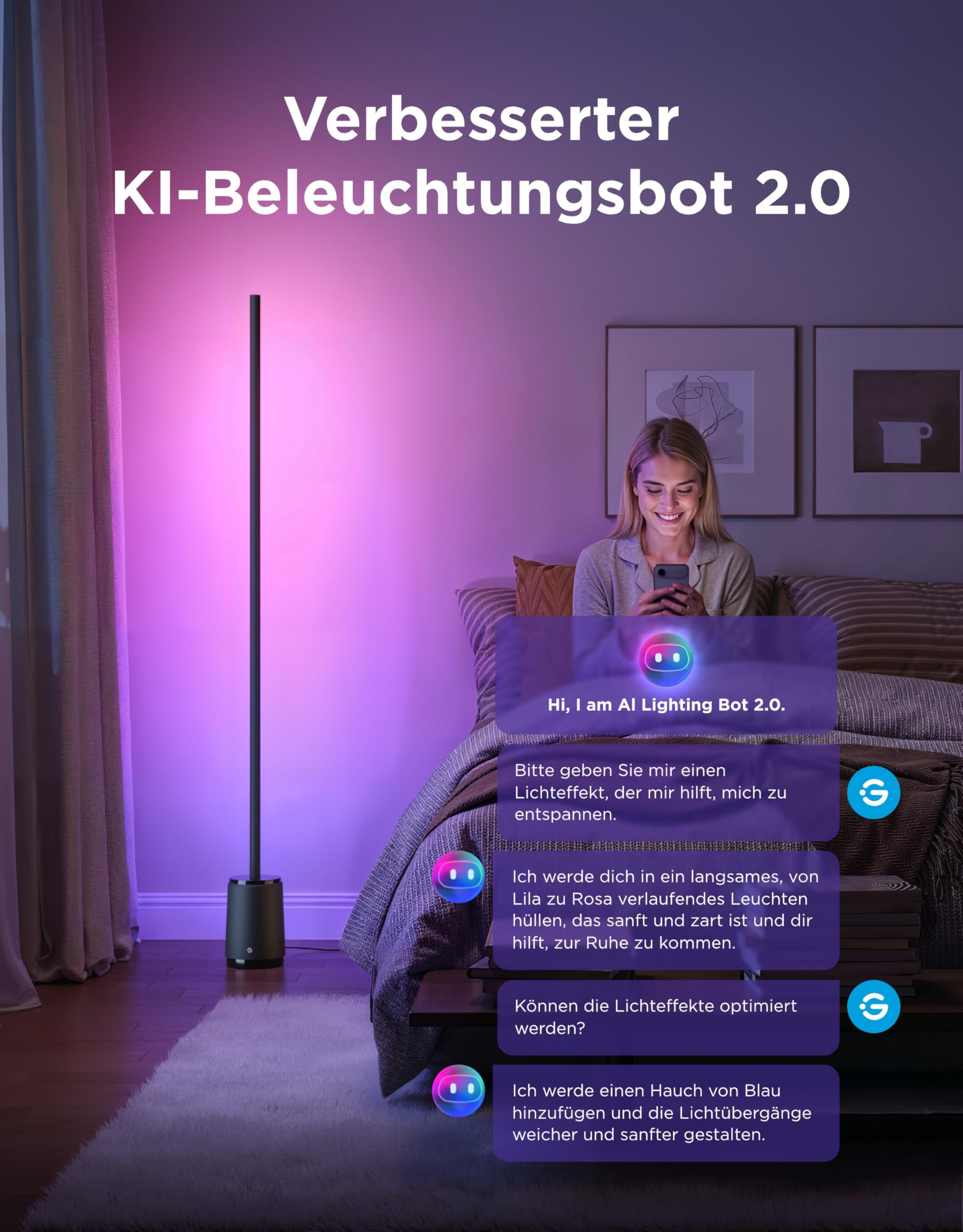 Govee Stehlampe 3 Lite RGBICWW, 1400 lm Dimmbar Stehlampe Wohnzimmer 152cm | 2700-6500K, KI-Bot 2.0, DIY, Musiksynchronisation, 105+ Szenen, 12 Musikmodus, Alexa Matter SmartThings Kompatibel, Schwarz