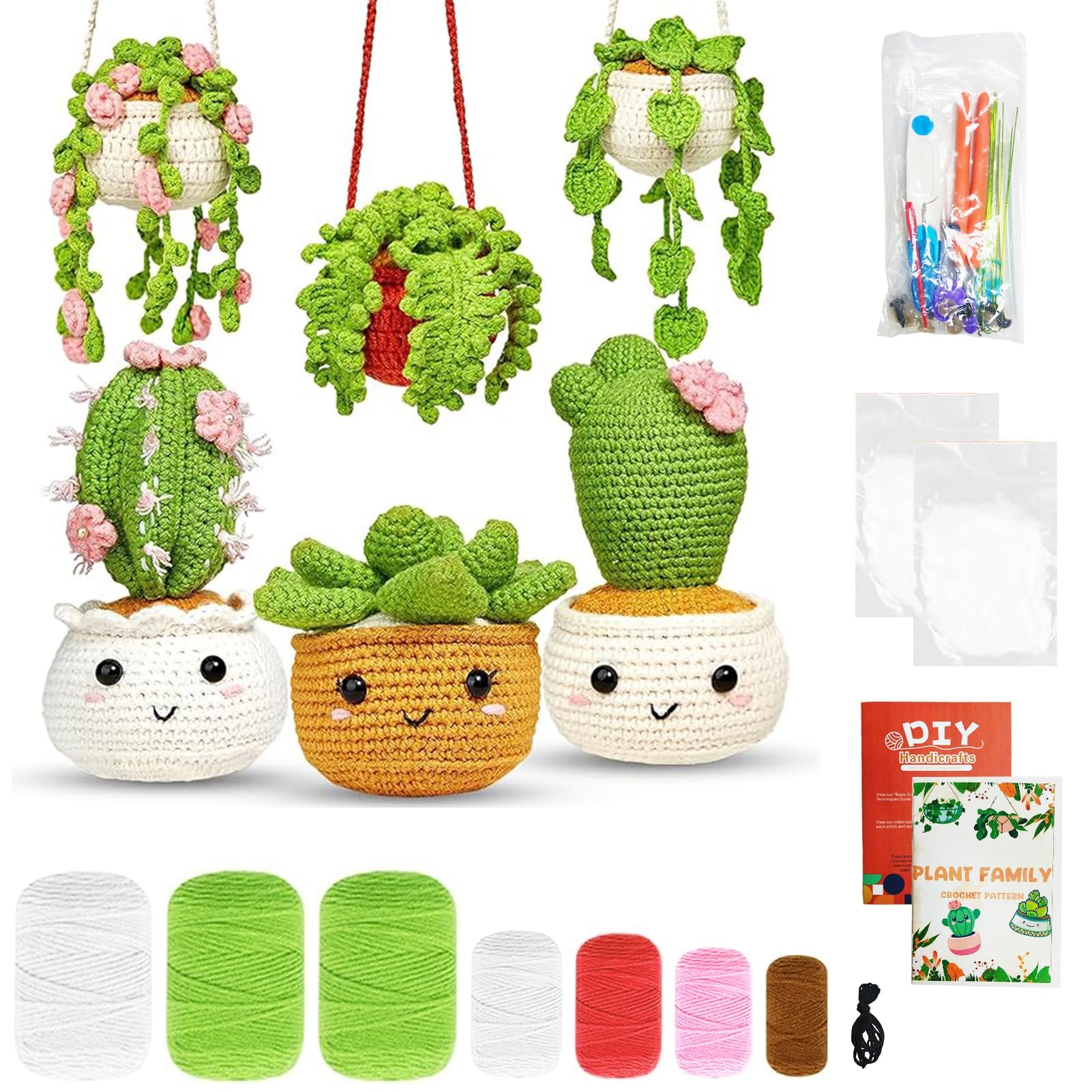 FARYODI Set all'uncinetto per principianti, cactus, fai da te, con uncinetto, filato, imbottitura, pennarelli, kit fai da te, con istruzioni per adulti e bambini