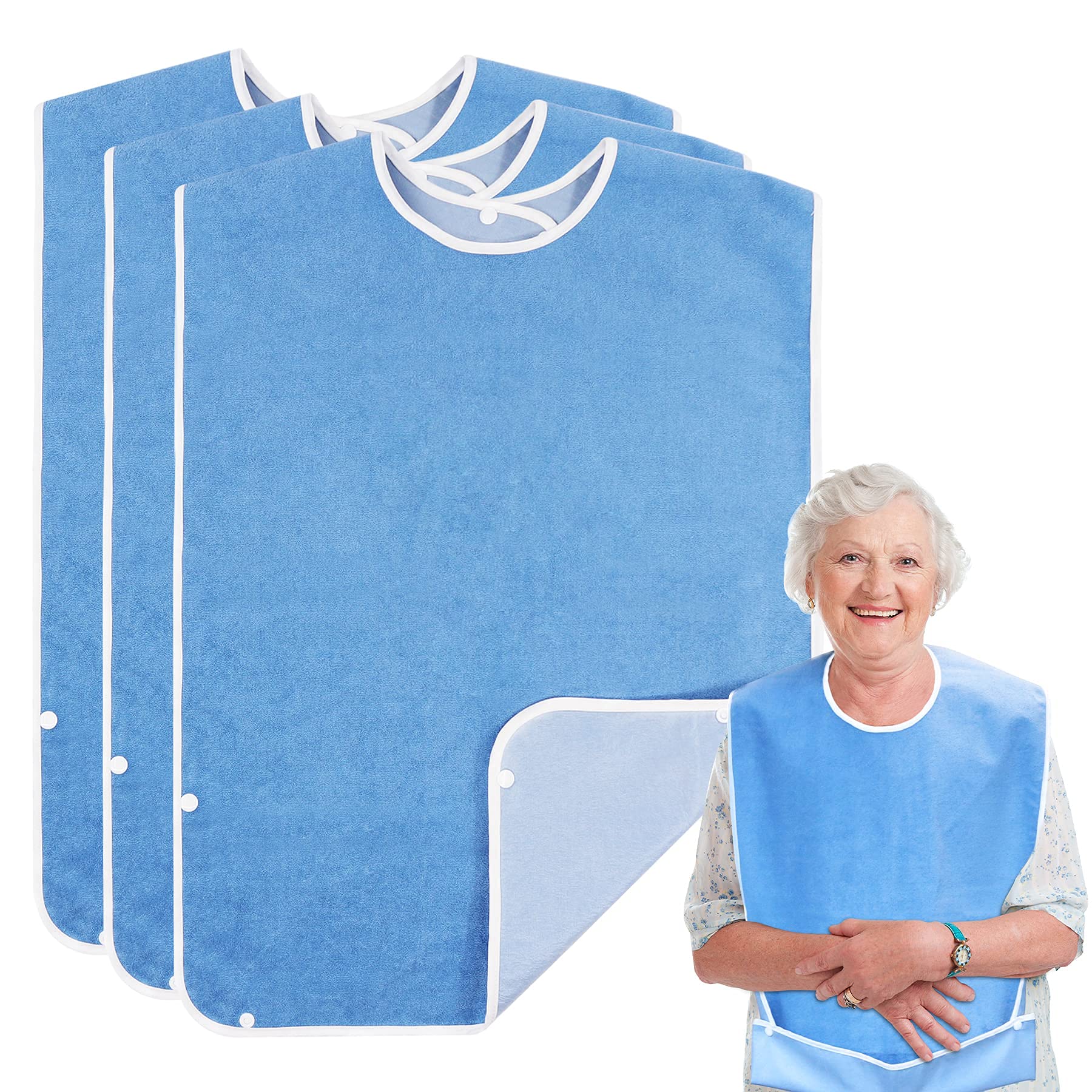 Wenya Unisex Blue 3 Pack Adult Bibs For Eating, Washable And Reusable Clothing Protectors For Adult, Waterproof Feeding Bibs Clothing Protectors For Elderly And Disabled