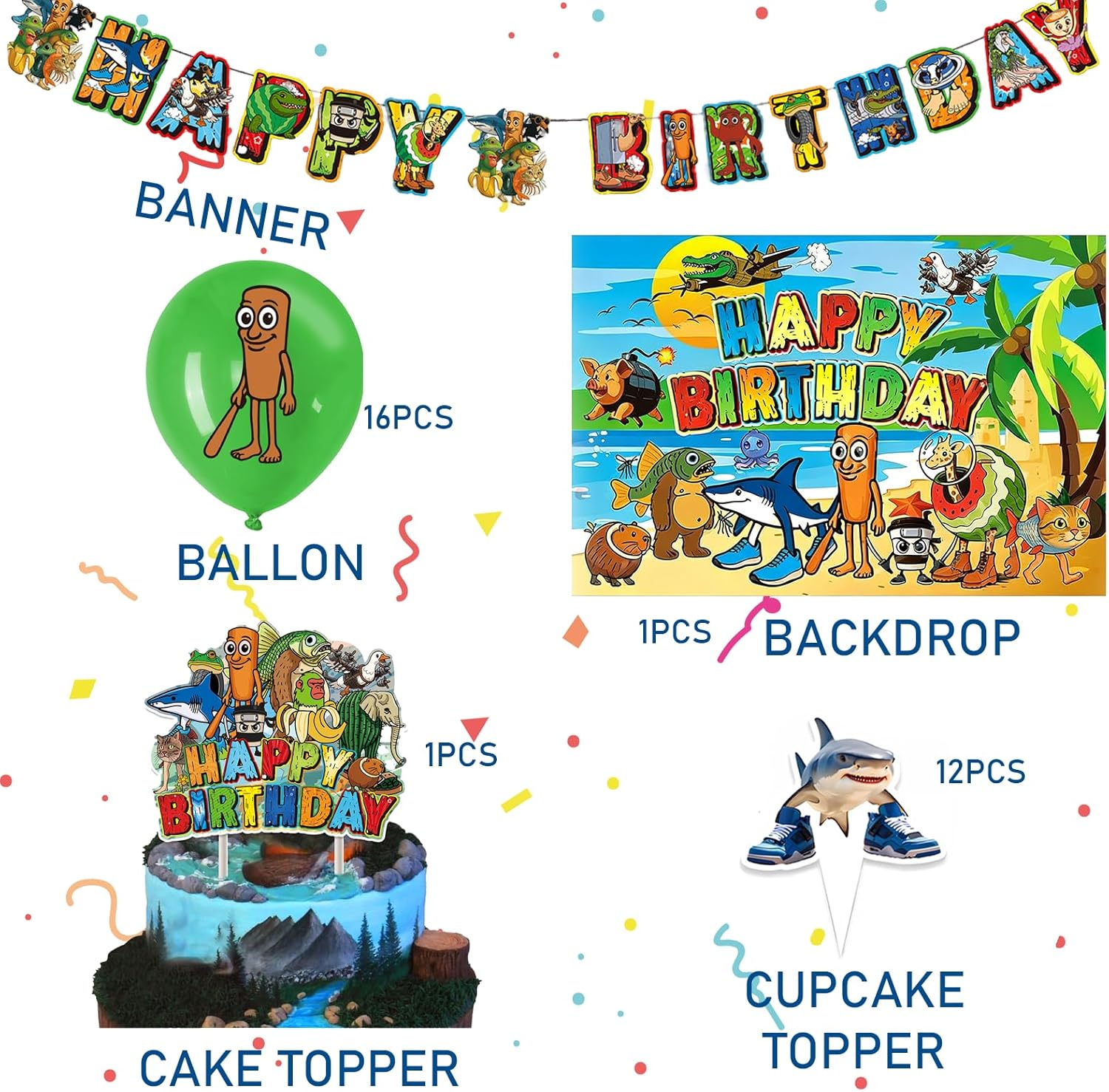 Italian Brainrot Birthday Party Decorations Set with Happy Birthday Tralalero Banner, Brain Rot Balloons, Cupcake Toppers,Backdrop Animal Theme Party for Kids