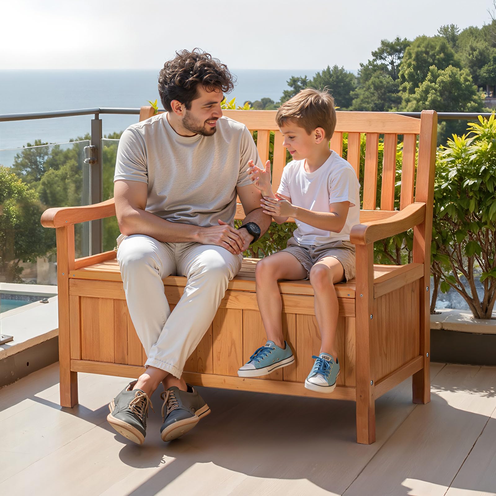 VEVOR Panca Portaoggetti da Esterno, in Legno di Cedro per 2 Persone, Panca Contenitore da 150 L con Maniglia, Supporta Fino a 319,8 kg, Seduta da Esterno, Decorazione per Veranda Terrazza Balcone