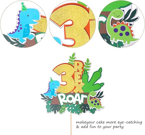 Miniatura 6 de Rsstarxi 1 paquete de decoración para tartas de dinosaurio de tercer cumpleaños con hojas de garra, número 3, tres rex, para decoración de tartas