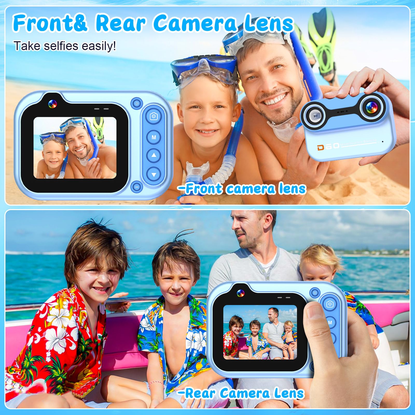 Cámara digital impermeable de 10 pies 1080P Full HD 26MP cámara subacuática, zoom digital 10X, cámara impermeable para esnórquel, selfies subacuáticos, natación, playa, parque acuático, color azul