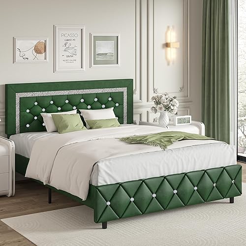 Miniatura 53 de BarnFurin - Base de cama matrimonial con cabecera capitoné, plataforma tapizada con diseño de diamante, base de colchón, soporte de listones de