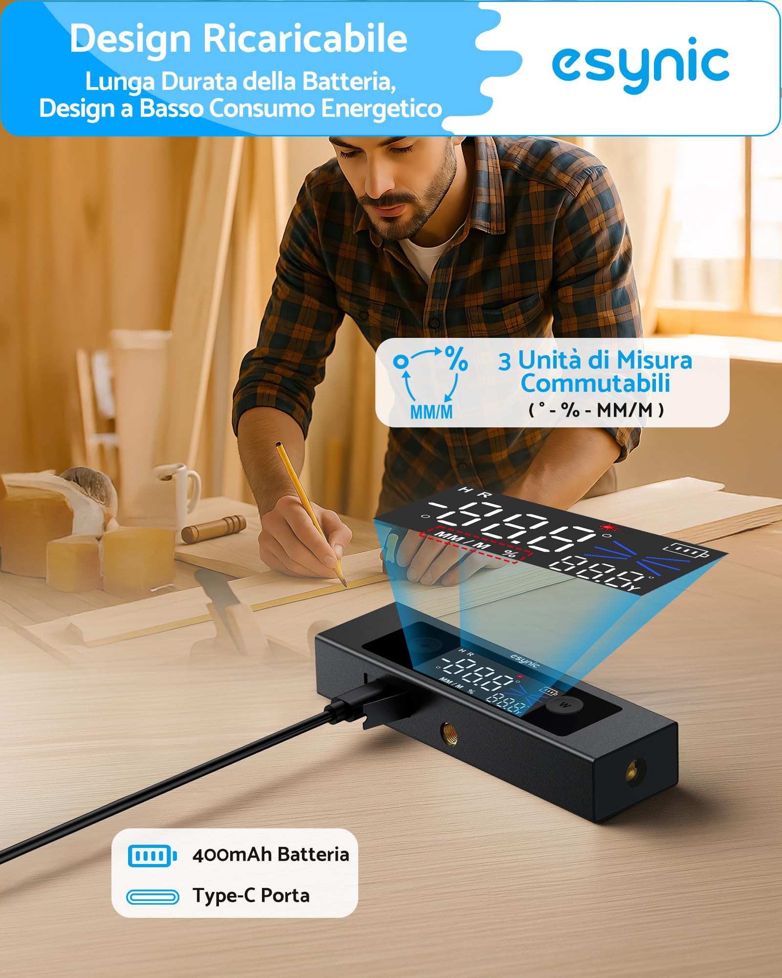 eSynic 4x90°Level Box Digitale con 2 Linee Laser, Doppio LCD Inclinometro Dual Asse X/Y, Base Magnetica, Goniometro Ricaricabile in Lega Alluminio Unità °/% / MM/M per Falegnameria Decorazione - Nero