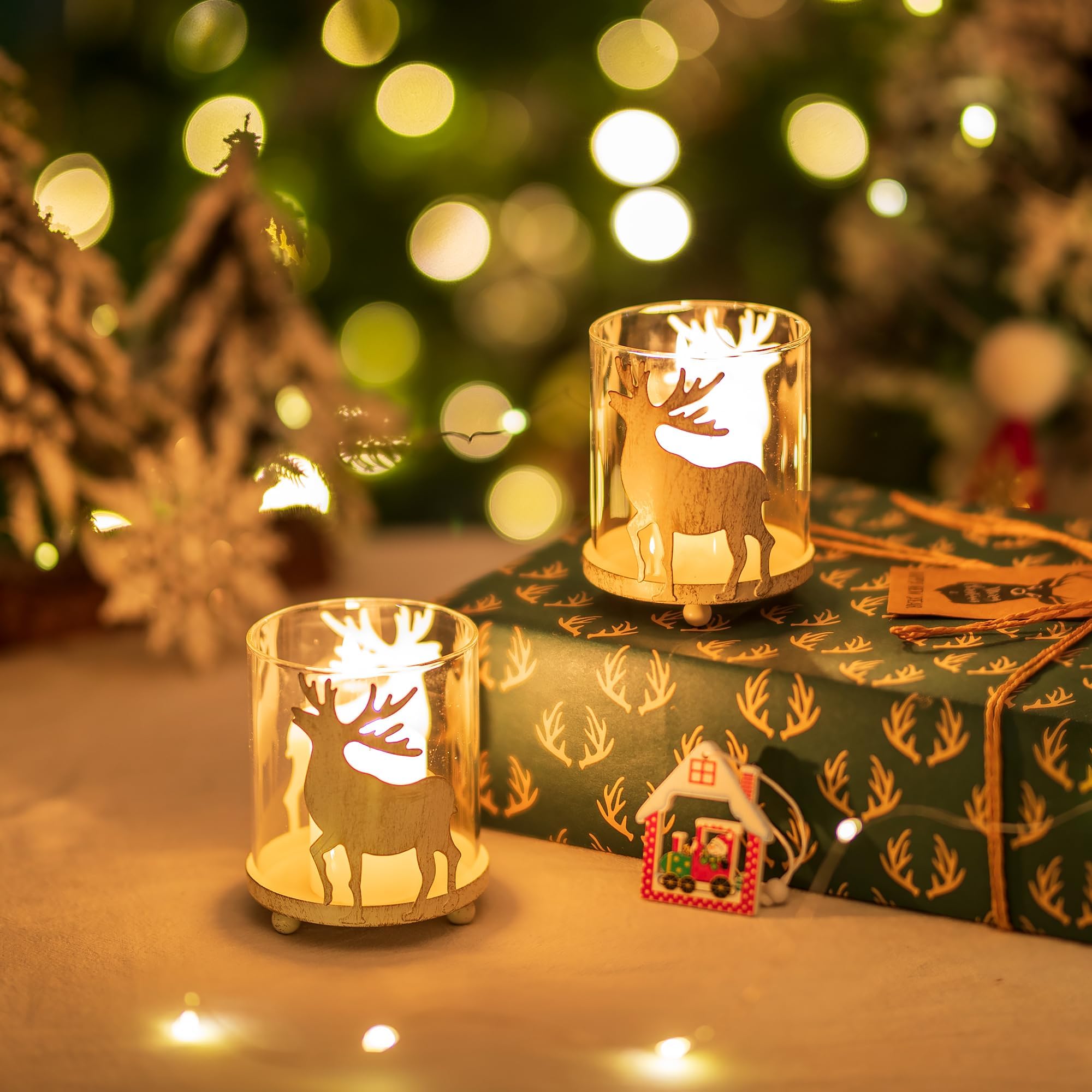 Portacandele Cervo Natalizio 2 Pezzi | Vintage Con Vetro Removibile | Decorazione Tavola E Casa