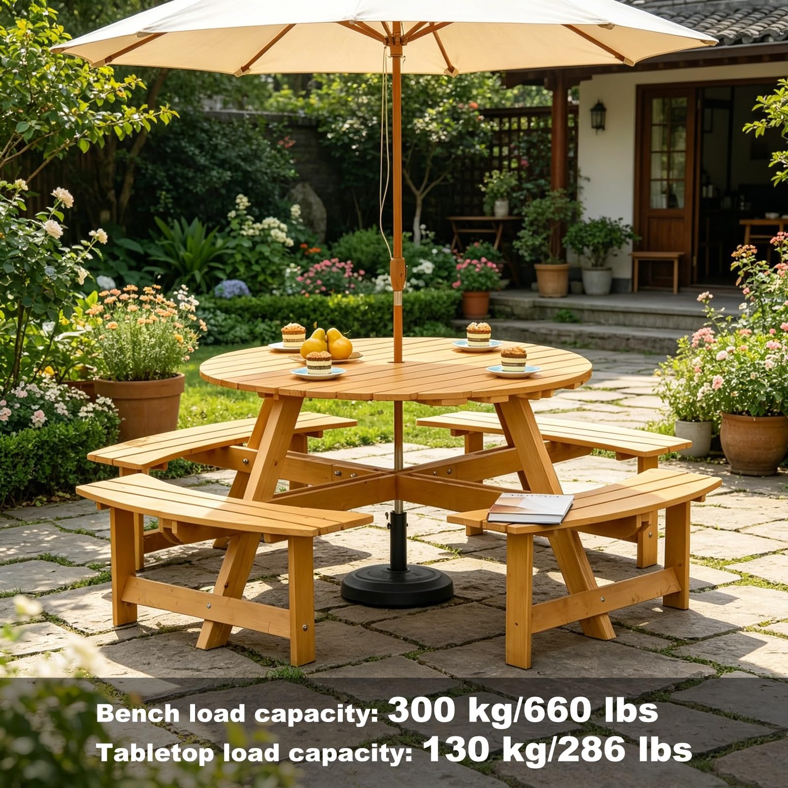 Tavolo da Picnic Rotondo In Legno Massivo for 8 Persone con 4 Panche Curve, Resistente Set da Pranzo Esterno con Foro for Ombrello, Tavolo da Giardino Impermeabile for Cortile(Natural)